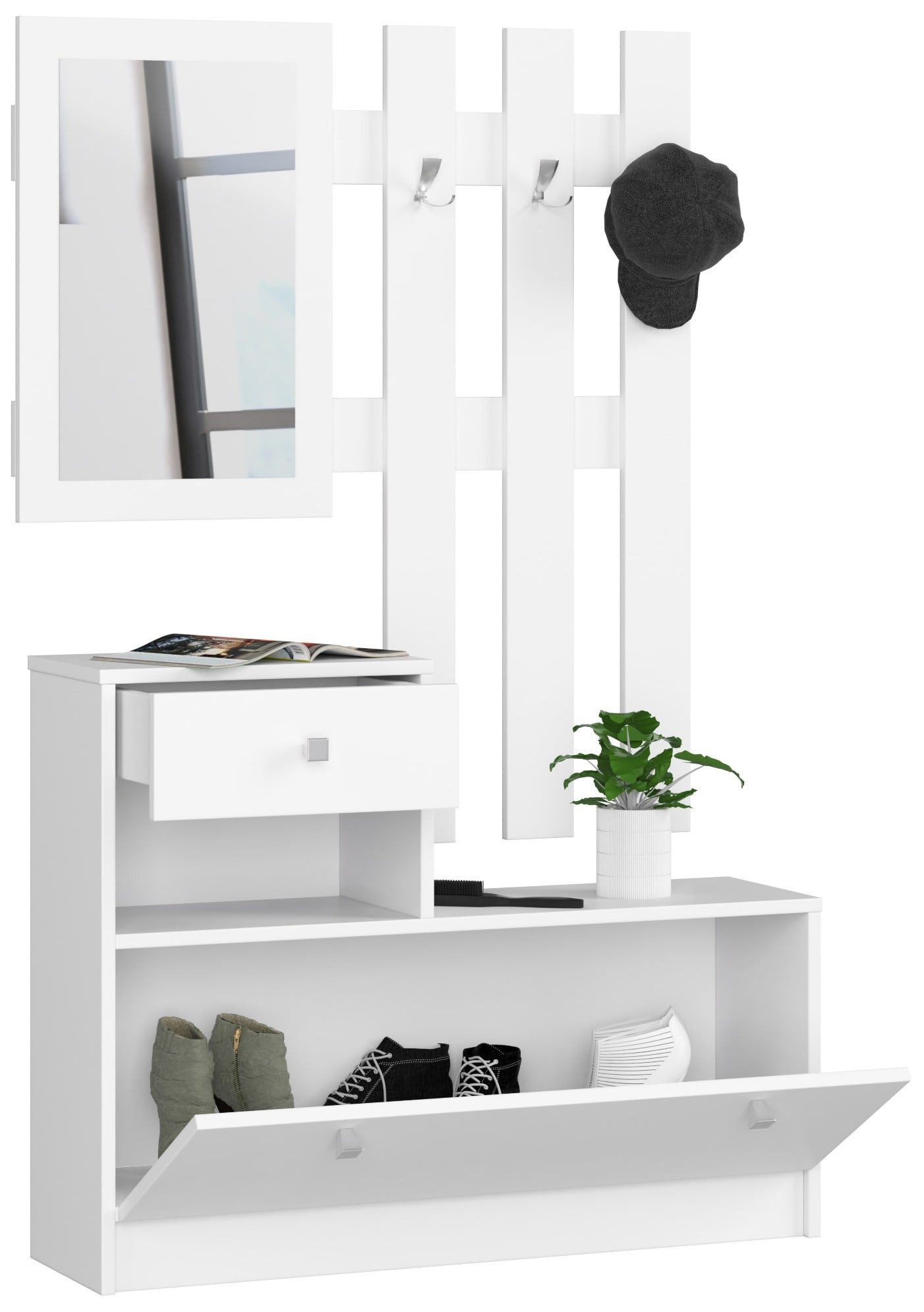 Raumhirsch Furniture Schuhschrank Möbelset für den Flur, Schuhschrank + Garderobe mit Spiegel 90cm Schuhschrank, Schublade mit 2 Einlegeböden 90x25x170 cm
