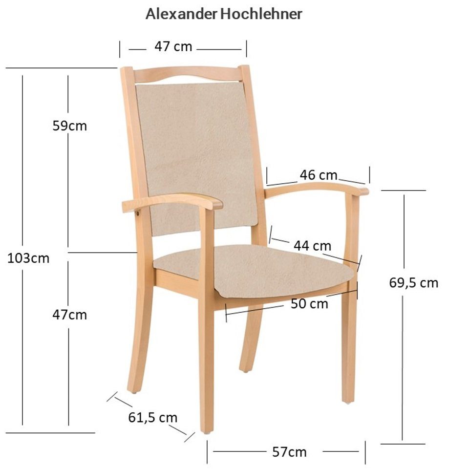 Esszimmer, Armlehnstuhl Stoff Armlehnenstuhl Hochlehner Lawa Seniorenstuhl Rückenlehne, hohe Griffbügel, Sitzfläche Orange gerundete Massivholz Alexander einrichtungsdesign24