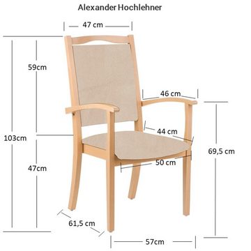einrichtungsdesign24 Armlehnstuhl Massivholz Seniorenstuhl Alexander Hochlehner Armlehnenstuhl Esszimmer, hohe Rückenlehne, Griffbügel, gerundete Sitzfläche