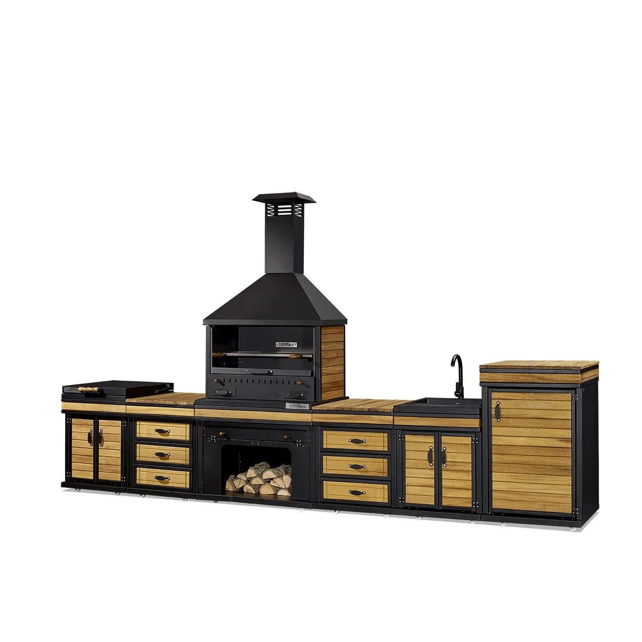 JVmoebel Outdoor-Küche Schwarze Außenküche aus Holz und Edelstahl mit Grill und Stauraum, Made in Europe