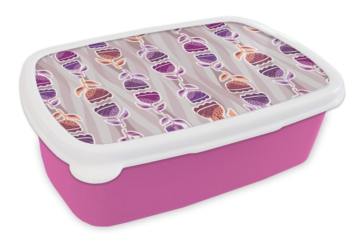MuchoWow Lunchbox Tulpen - Blumen - Muster, Kunststoff, (2-tlg), Brotbox für Erwachsene, Brotdose Kinder, Snackbox, Mädchen, Kunststoff rosa