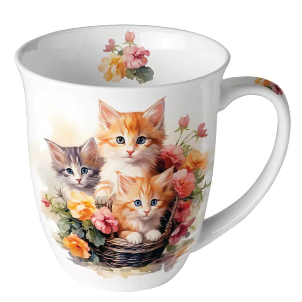 Ambiente Luxury Paper Products Becher Tiere, Kätzchen, Garten, Katze, Schmetterling, Blumen, Pflanzen, 1-tlg., Porzallan Mug 0,4 L Kätzchen, Blumen- Korb - Pflanzen, Tiere Motiv, Geschenkartikel / Ideal für Kaffee, Tee oder Kakao