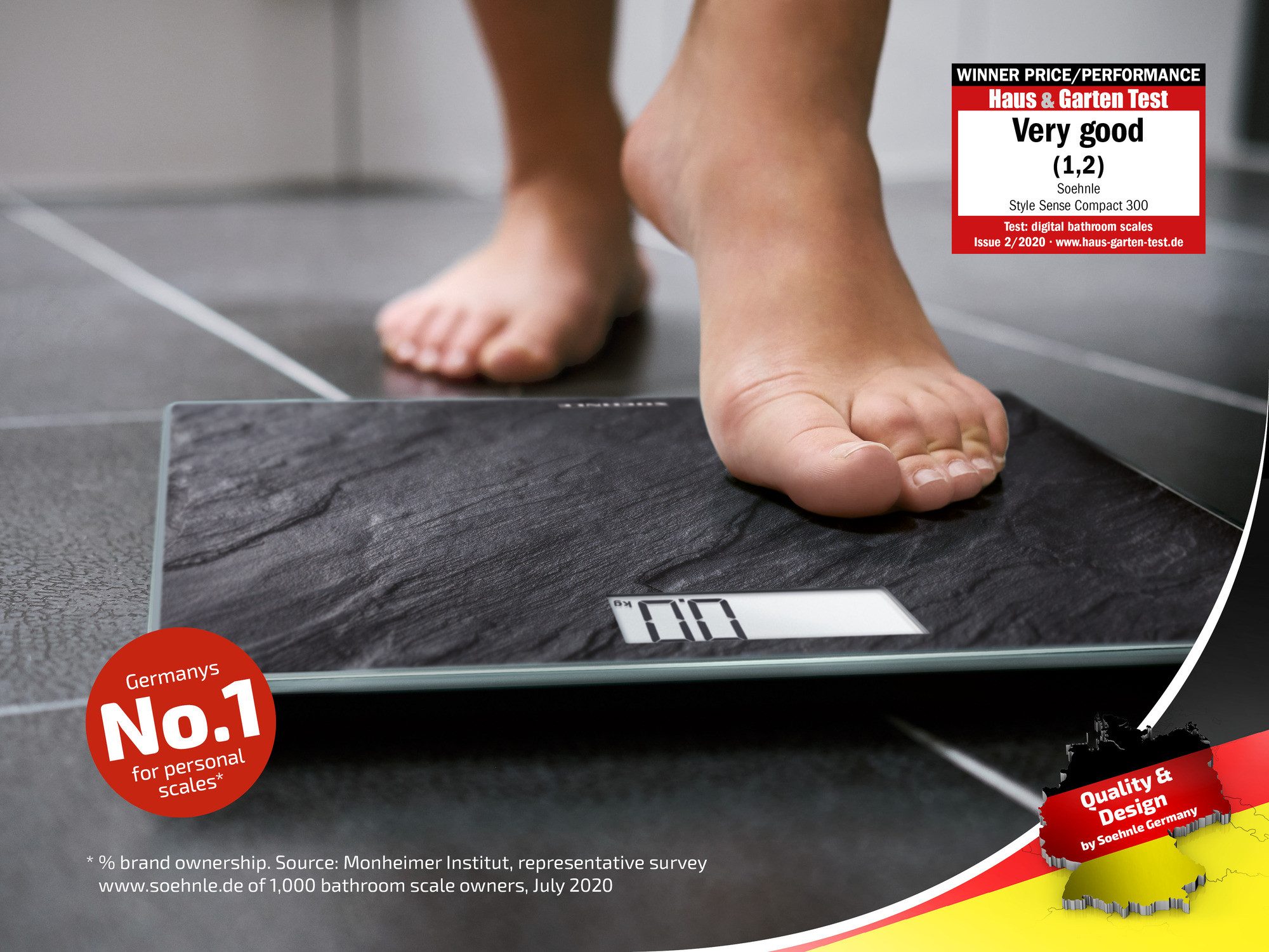 Soehnle Personenwaage Style Sense Compact 300 Slate, 1-tlg., LCD-Anzeige, flaches Design, bis 180kg, kg/lb/st, inkl. Batterien