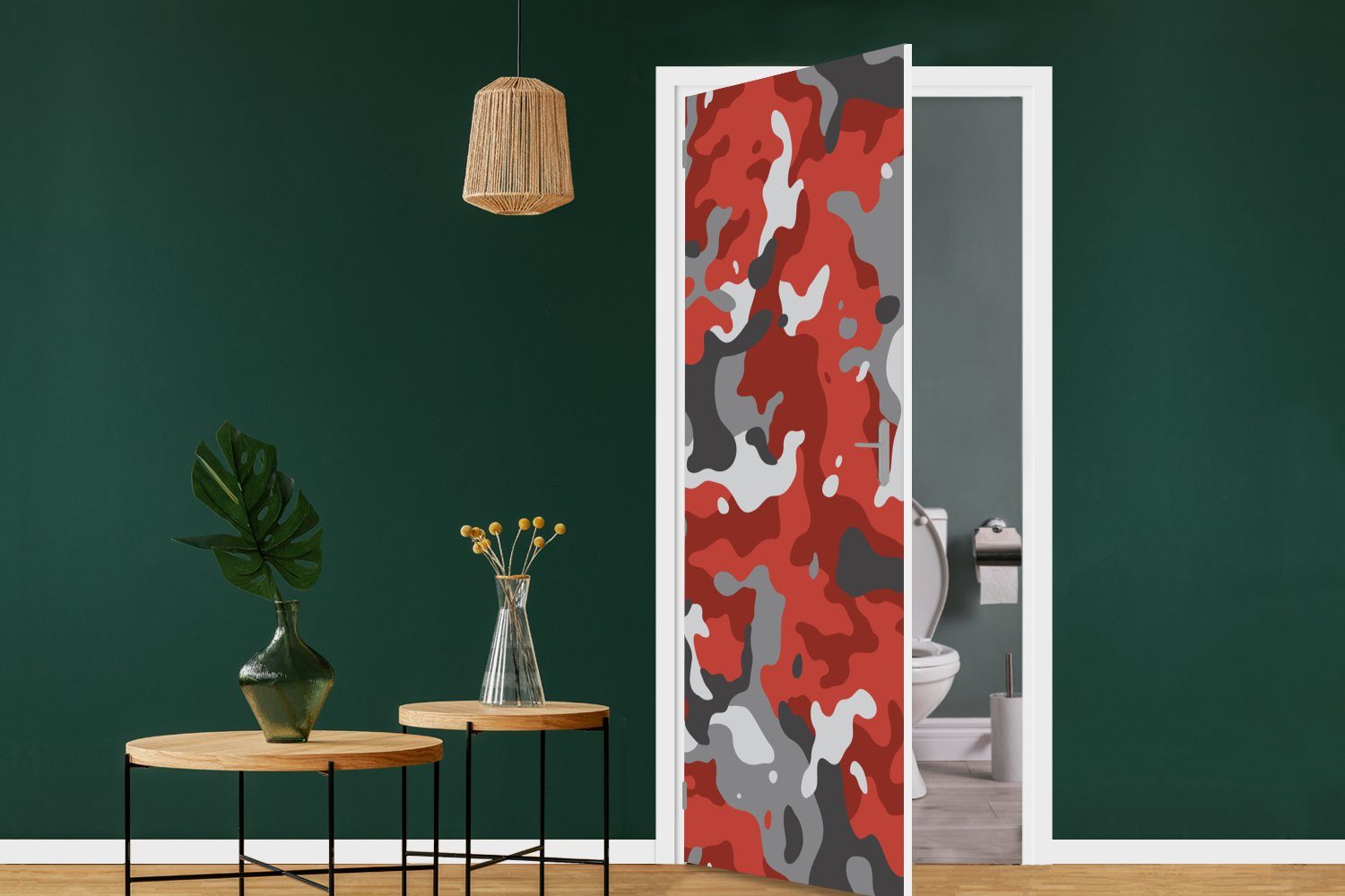 75x205 (1 Fototapete St), Camouflage-Muster, Tür, grauem MuchoWow für Matt, Türaufkleber, bedruckt, cm mit Türtapete Rot