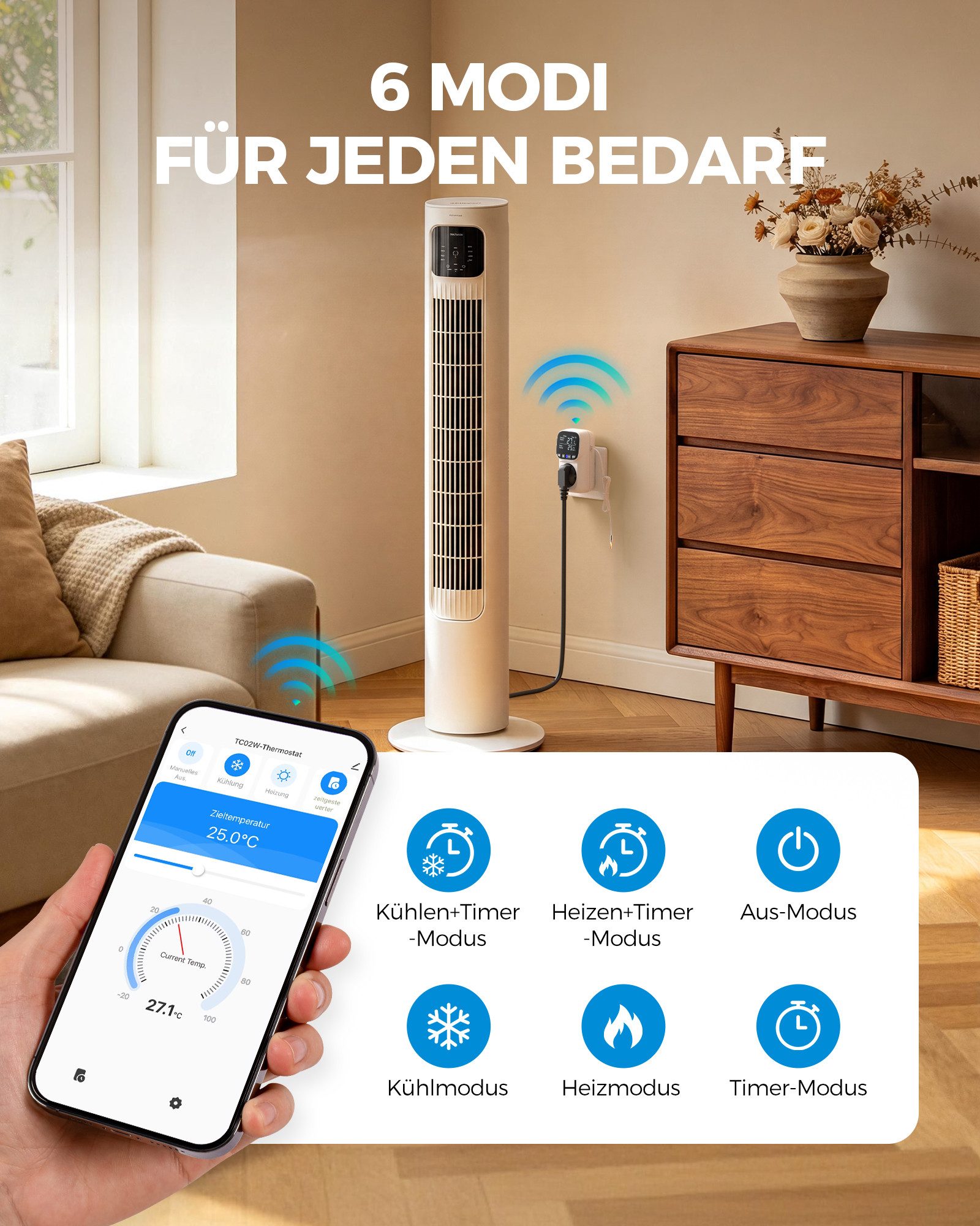 DEWENWILS Steckdosen-Thermostat Temperaturregler, Deutsches Display, WiFi Temperaturschalter mit Fühler, App Steuerung, LCD-Display – Bild 2 von 5