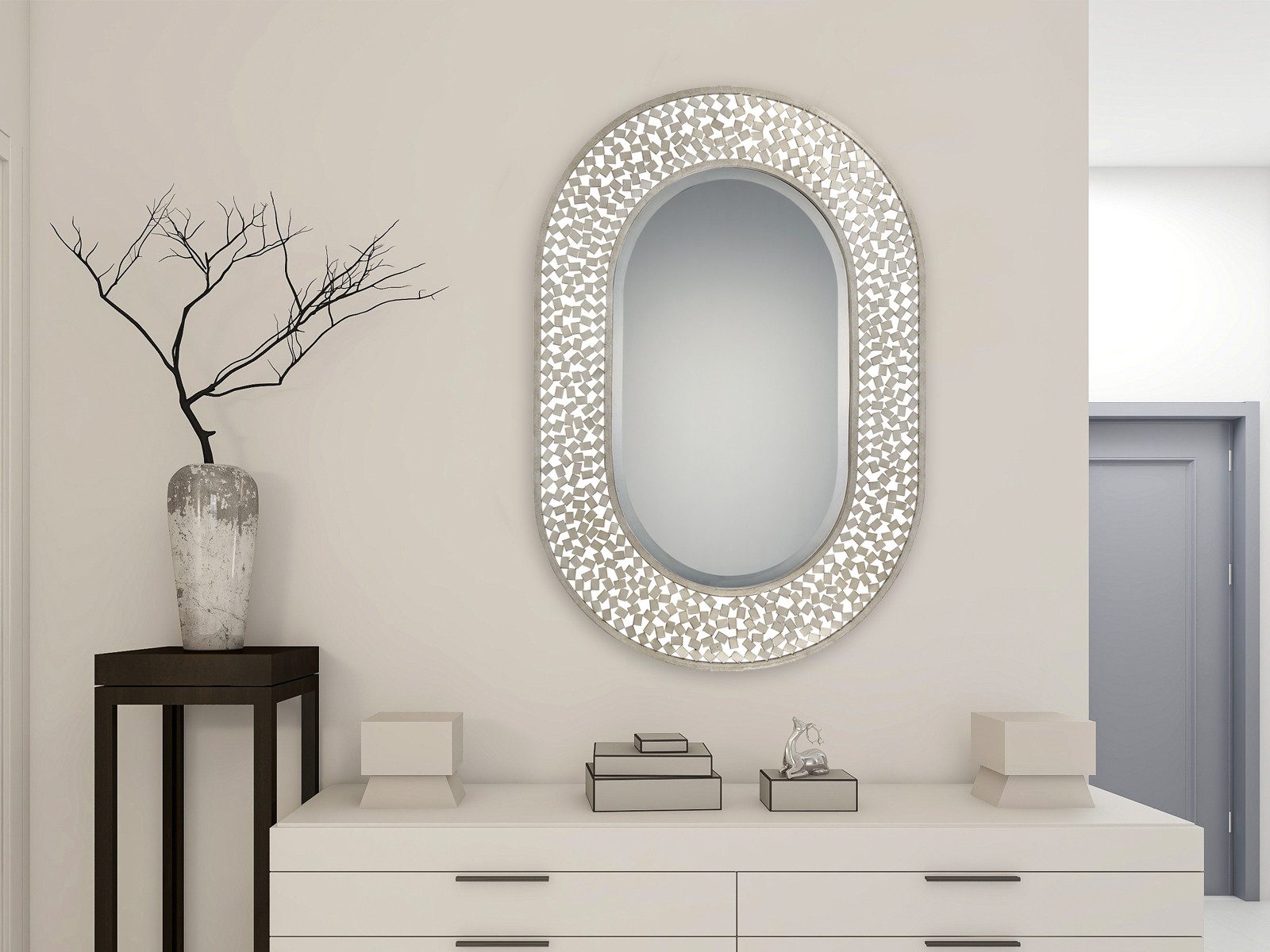 QUOIZEL Wandspiegel, Groß-er Mosaik Garderobenspiegel zum Aufhängen Silber Weiß, Höhe 89cm