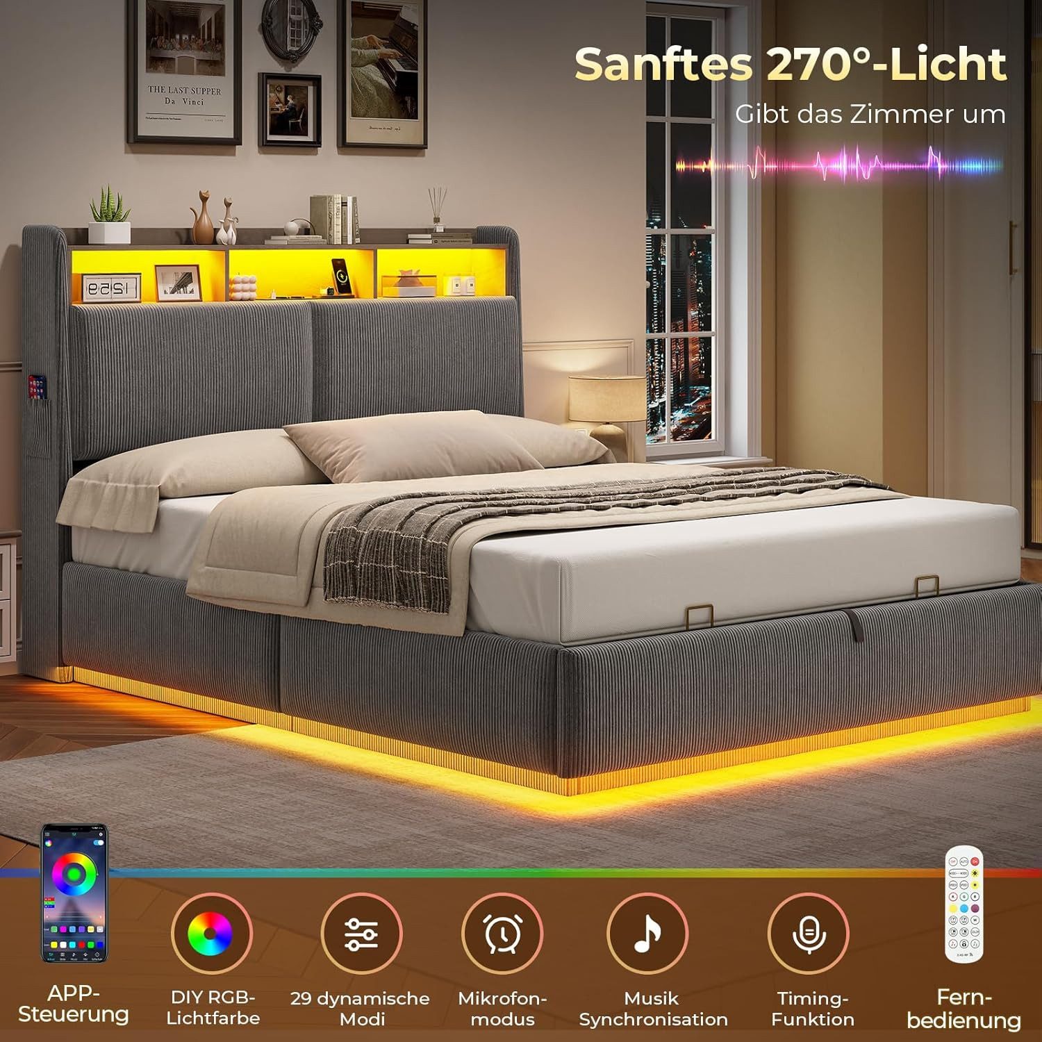 MSMASK Polsterbett Hydraulisches Stauraumbett mit LED Beleuchtung und Steckdosen (1-tlg., Ohne Matratze), Jugendbett mit Stauraum Kopfteil, 140x200cm – Bild 4 von 5