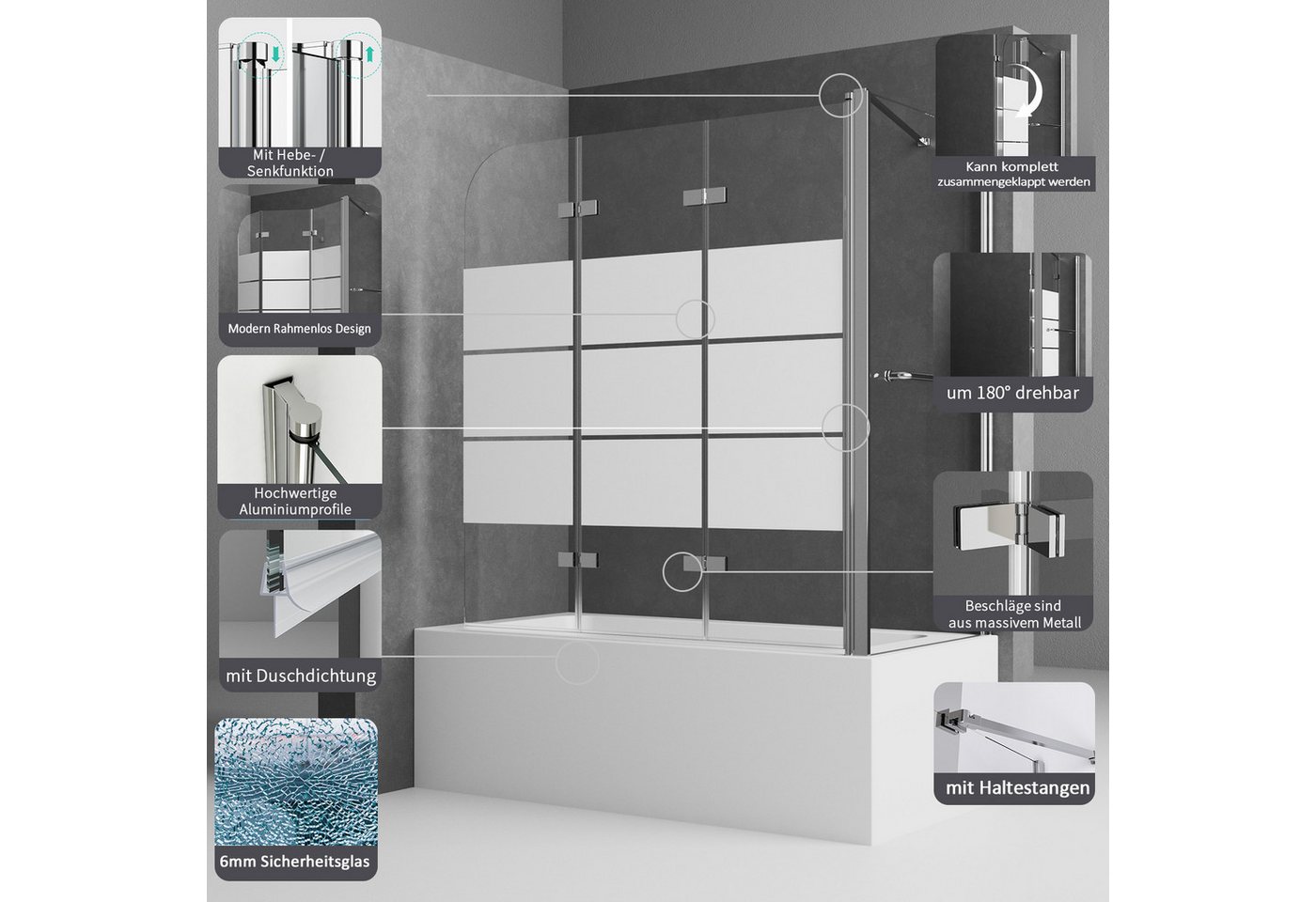 Thumbnail - Boromal Badewannenfaltwand Duschwand für Badewanne 3-teilig Badewannenaufsatz Faltbar 120-140cm, Einscheibensicherheitsg...