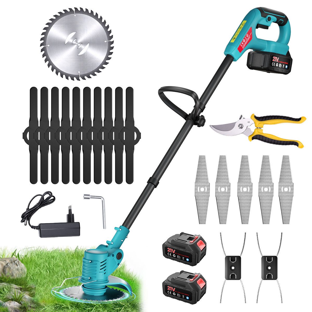 AeroAxis Akku-Rasentrimmer Rasentrimmer mit 2 x 4000mAh 21V Akku, Verstellbarer Teleskopstiel, 15 cm Arbeitsbreite Messer, 15 cm Arbeitsbreite Faden, (Set), 15 cm Schnittbreite, 4 Arten Klingen, Teleskop-Stiel, 2 x 4Ah Akkus