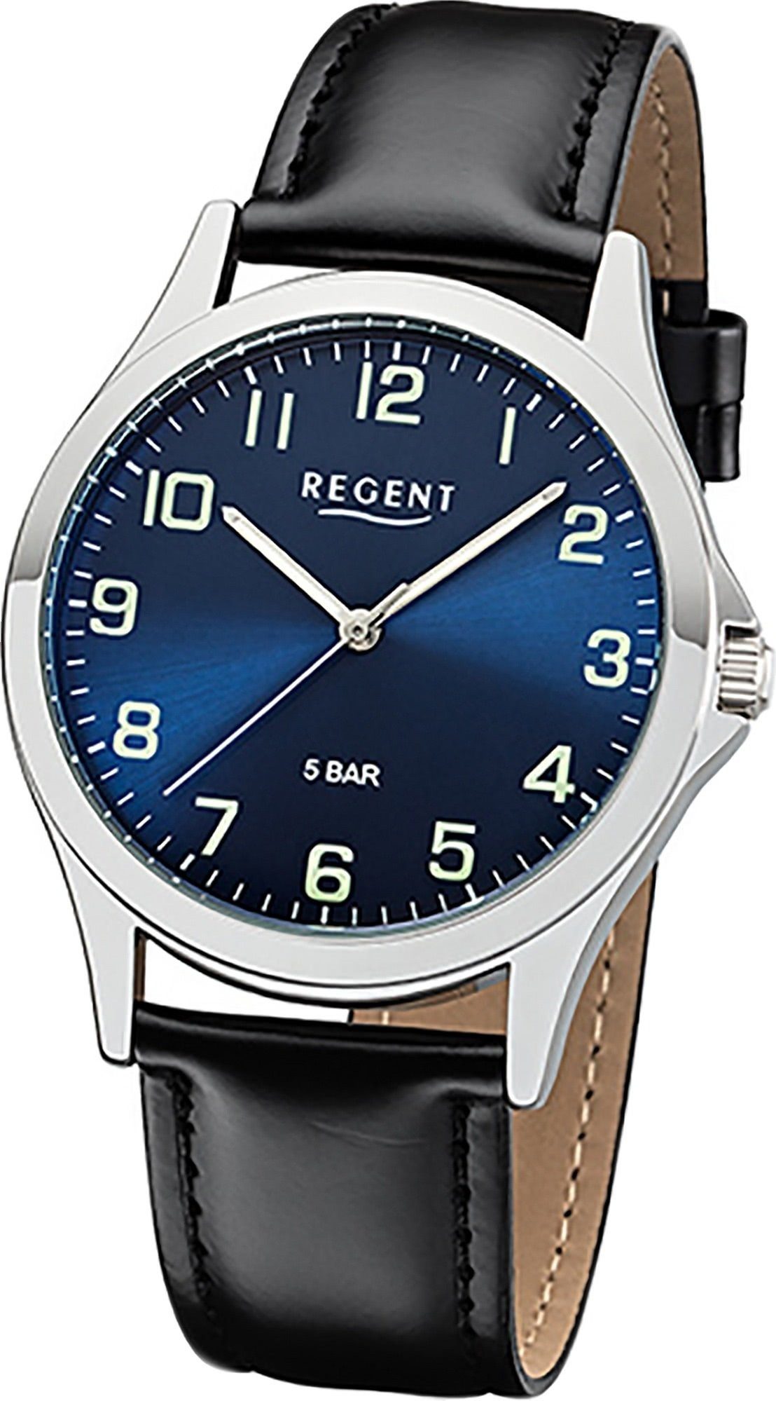 Regent Quarzuhr Regent Leder Herren Uhr 1112421 Analog, Herrenuhr Lederarmband schwarz, rundes Gehäuse, mittel (ca. 39mm)