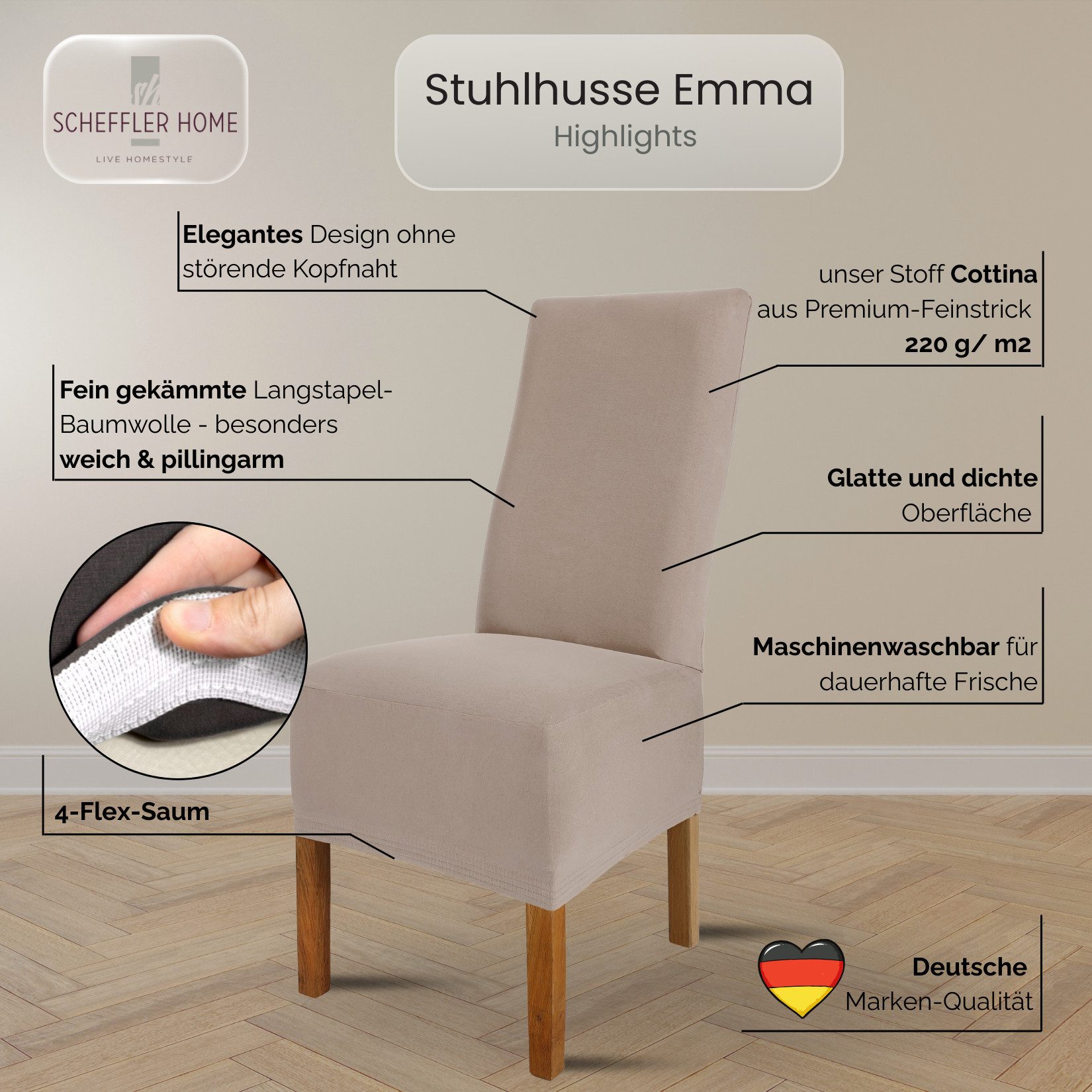 sh SCHEFFLER-HOME LIVE HOMESTYLE Stuhlhusse Moderner Stuhlbezug "Emma" aus elastischer Baumwolle Cottina, abnehmbarer & waschbarer Spannbezug für Stühle
