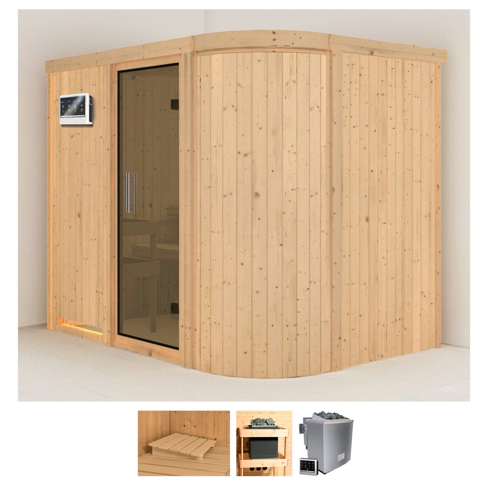 Karibu Sauna Thyra 4, BxTxH: 231 x 170 x 198 cm, 68 mm, (Set) 9-kW-Bio-Ofen mit externer Steuerung