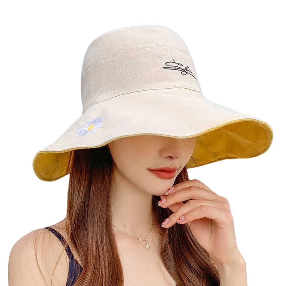 Zaewry Sonnenhut Damen Sommerhut Sonnenhut mit beidseitigem UV-Schutz Fischerhut mit gestickten Gänseblümchenmotiven