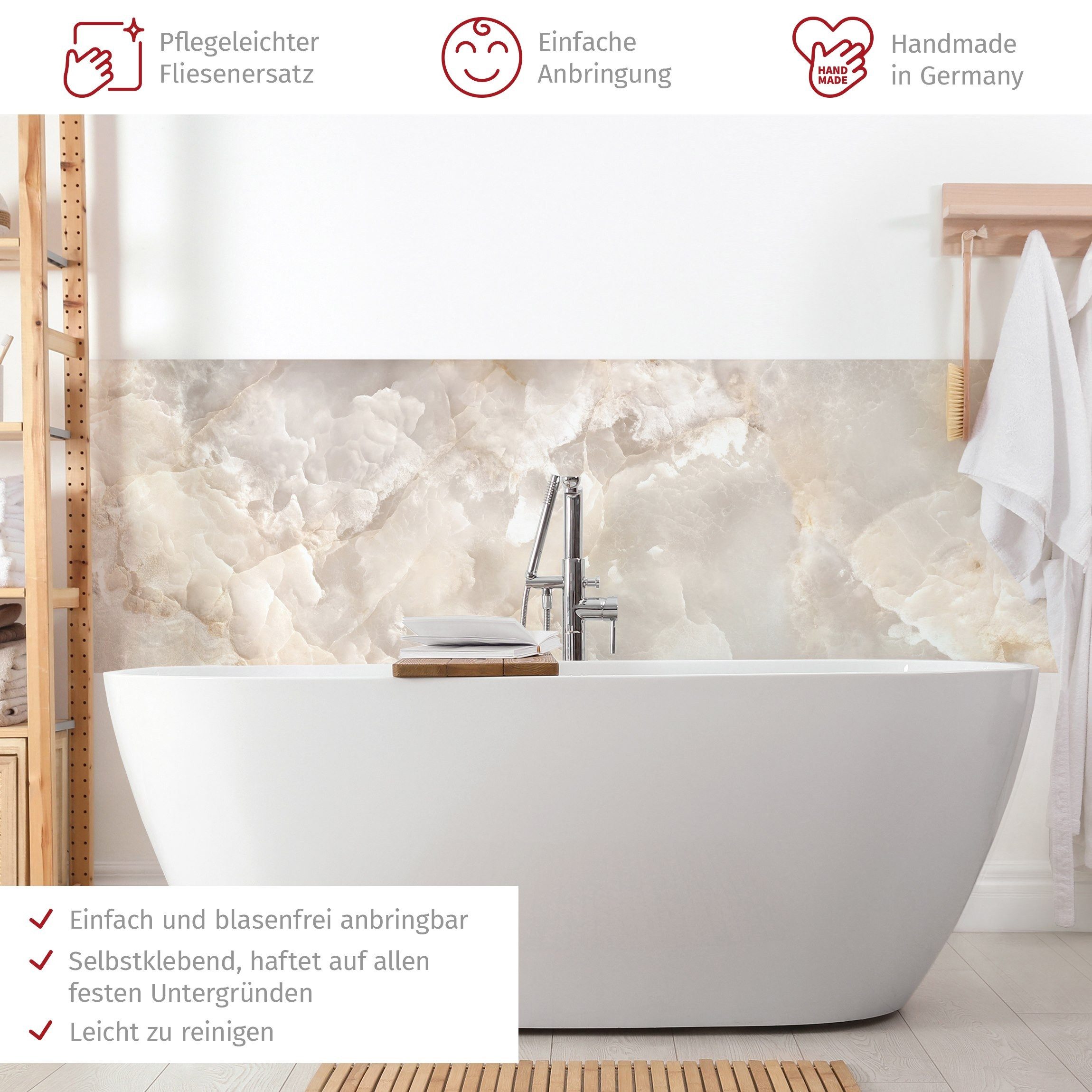 Bilderdepot24 Badrückwand beige fugenlose Wandverkleidung Bad mit Motiv, (Hartfolie matt » Selbstklebend SMART 0,35 mm), wasserfestes Wandpaneel Onyx Marmor Beige