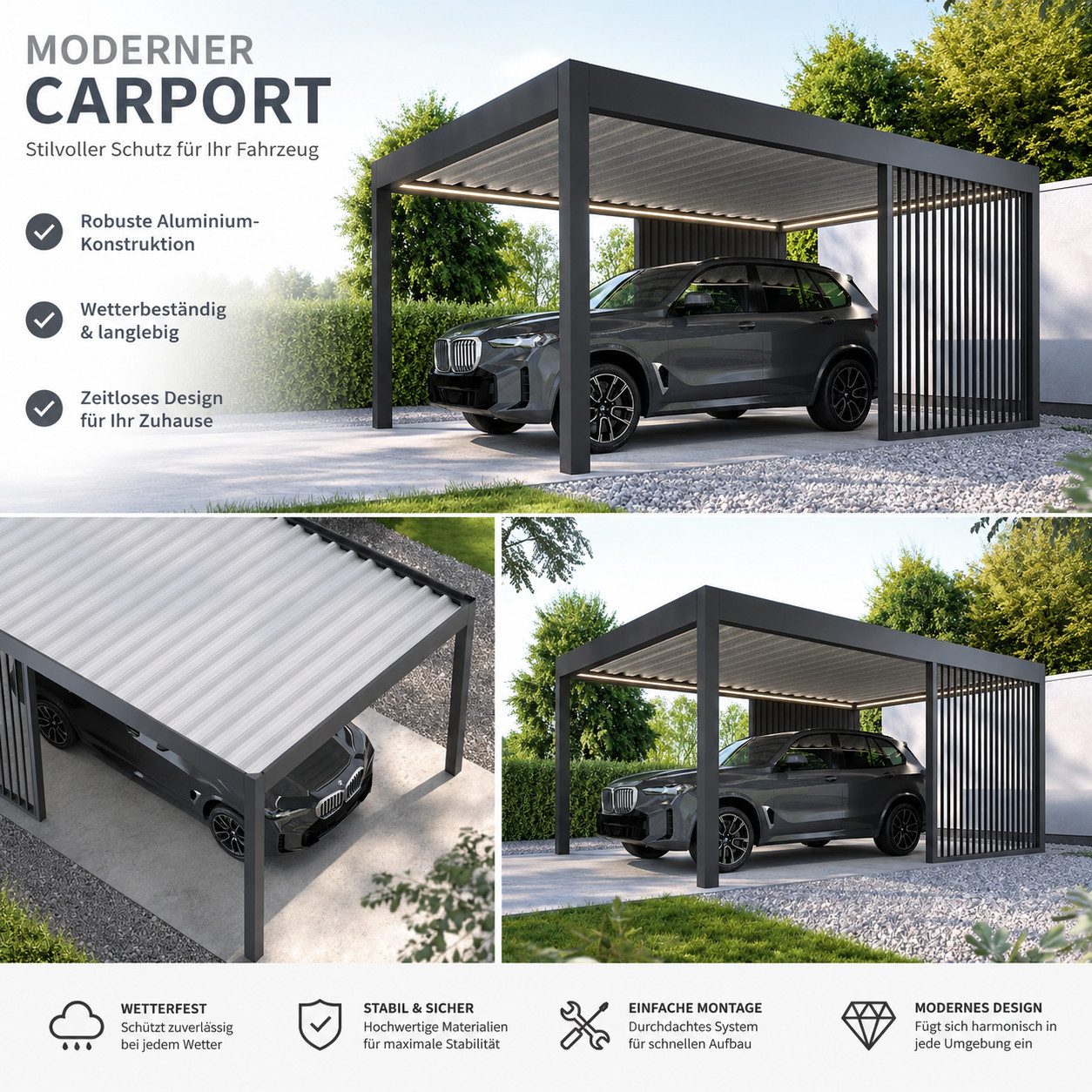 terrassana Einzelcarport Pinela aus Aluminium, BxT: 300x300 cm, 280 cm Einfahrtshöhe