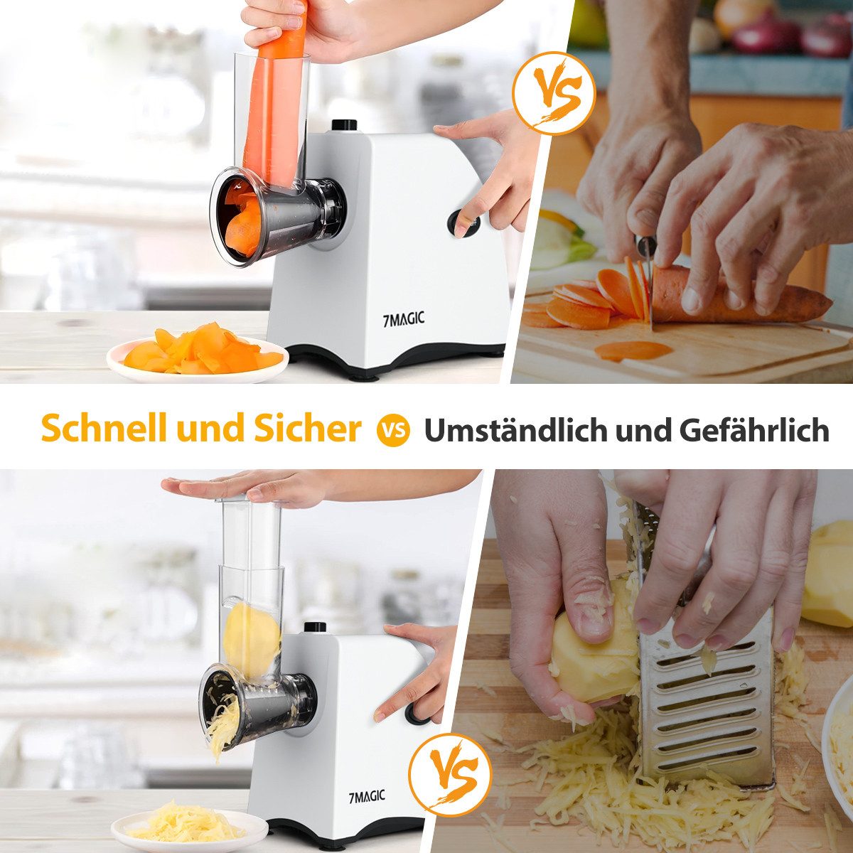 KNKA PRO Gemüseschneider Elektrischer Gemüsehobel, Obst- und Gemüsereibe, Multifunktionsreibe, 250 W, 5 Edelstahleinsätze, abnehmbar, leicht zu reinigen, für Ob – Bild 2 von 5