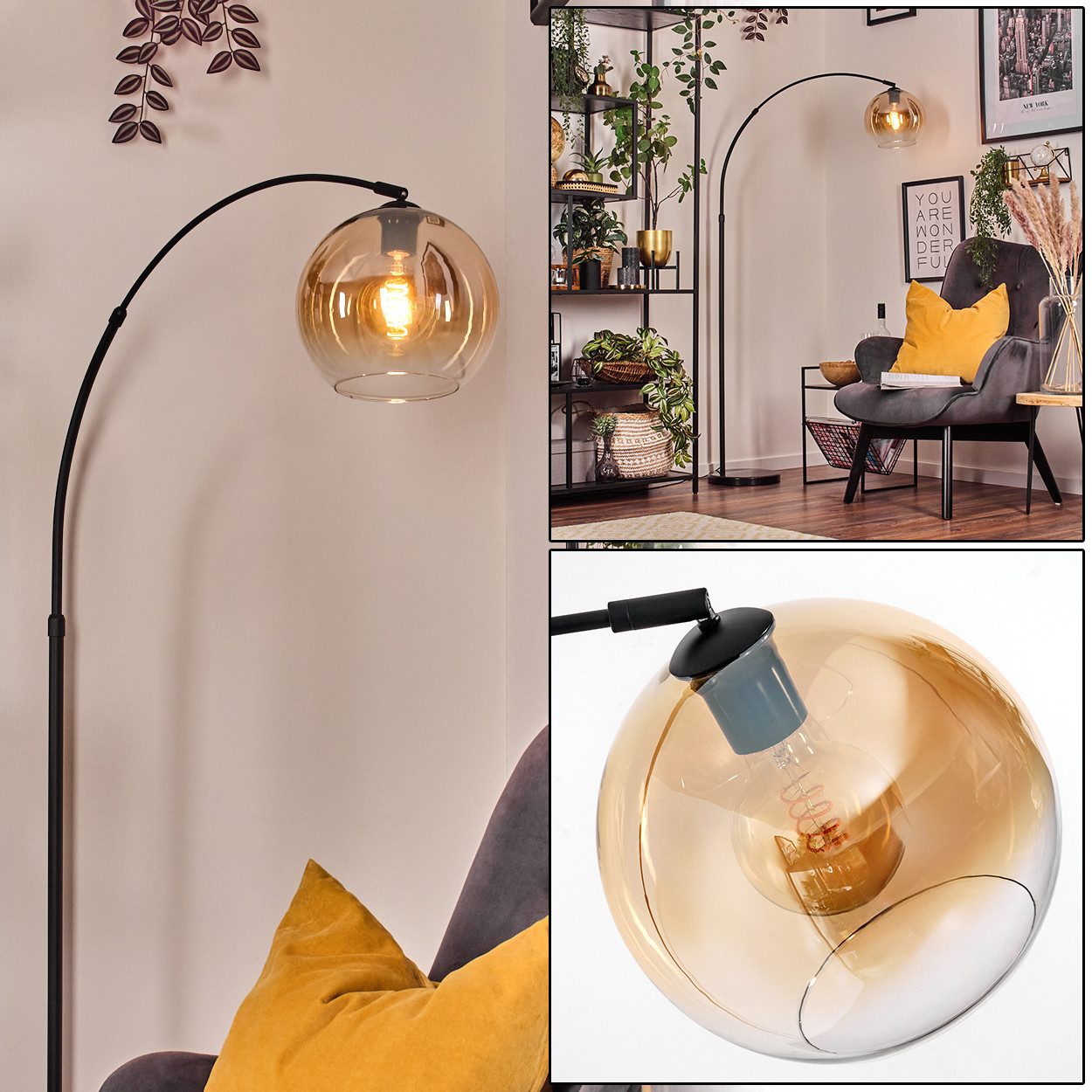 hofstein Stehlampe Stehlampe aus Metall/Glas in Schwarz/Bernstein/Klar mit günstig online kaufen