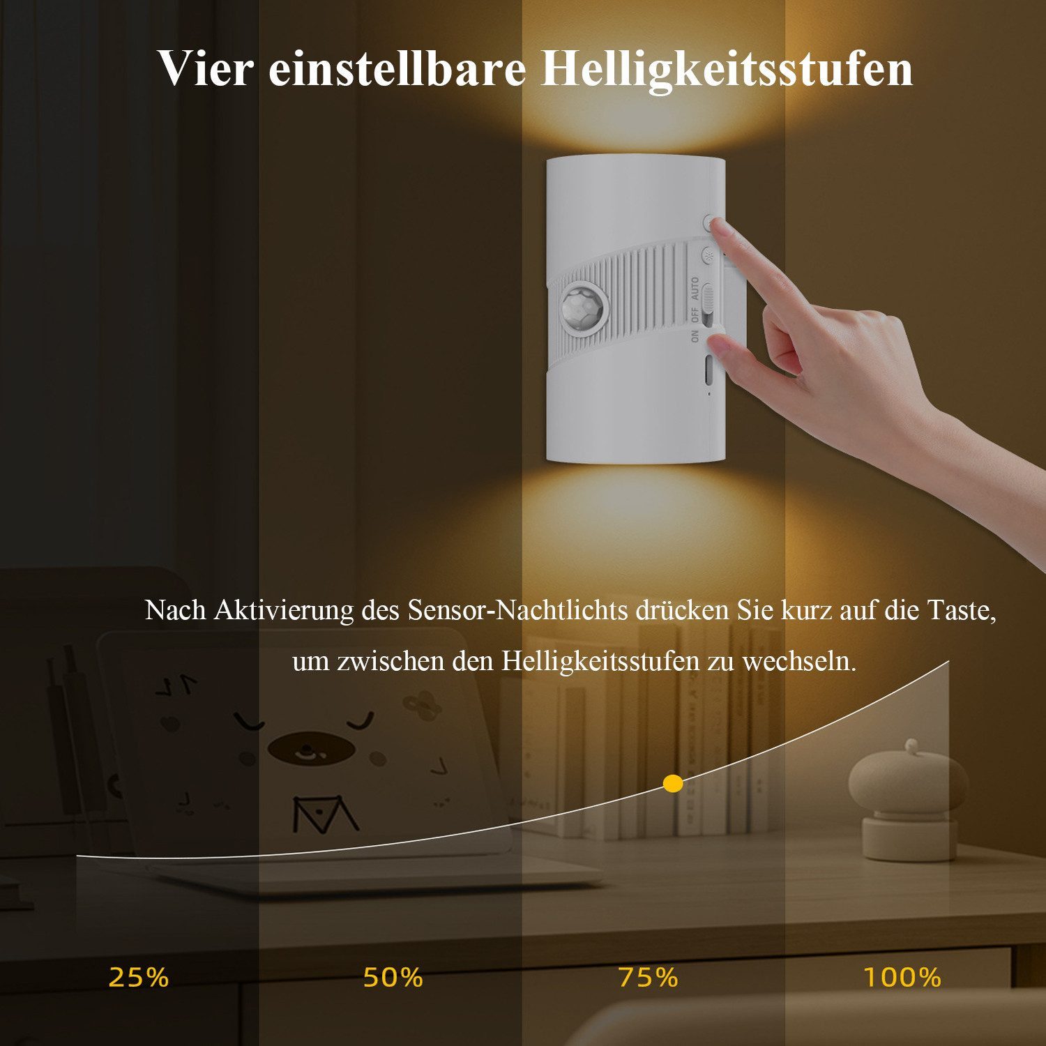 wohnTRAUM24 LED Nachtlicht LED Bewegungsmelder-Nachtlicht mit 3 Modi (ON/AUTO/OFF),Warmweiß 3000K, LED fest integriert, Tageslichtweiß, Warmweiß, Neutralweiß, Wiederaufladbar, für Wohnzimmer Treppenhaus Flur