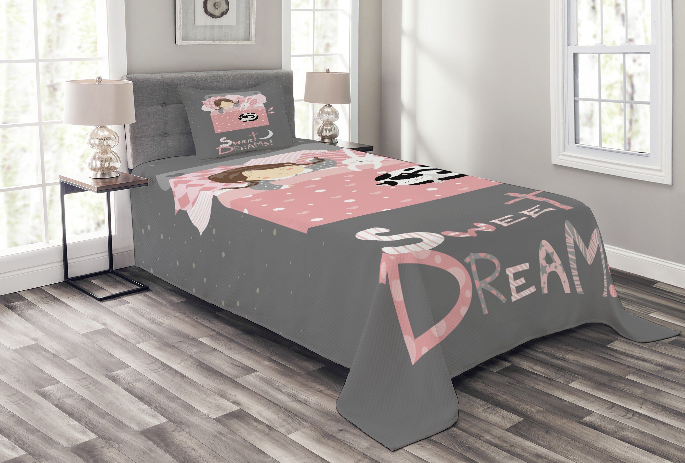 Häschen mit Set mit Tagesdecke Mädchen Kissenbezügen Träume Abakuhaus, einem Süße Waschbar,