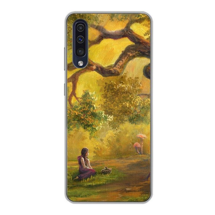 MuchoWow Handyhülle Eine Illustration einer Person im Wald Handyhülle Samsung Galaxy A30s Smartphone-Bumper Print Handy