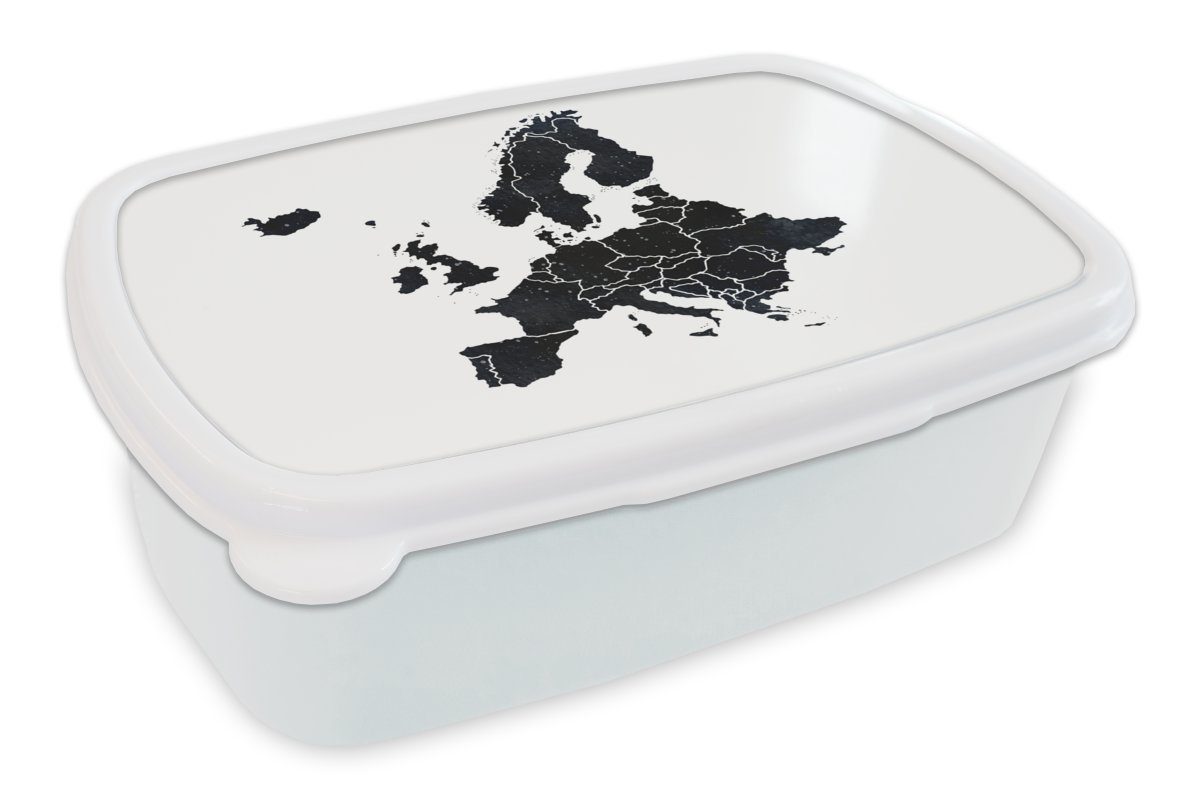 MuchoWow Lunchbox Karte von Europa - Aquarellfarbe - Schwarz, Kunststoff, (2-tlg), Brotbox für Kinder und Erwachsene, Brotdose, für Jungs und Mädchen weiß