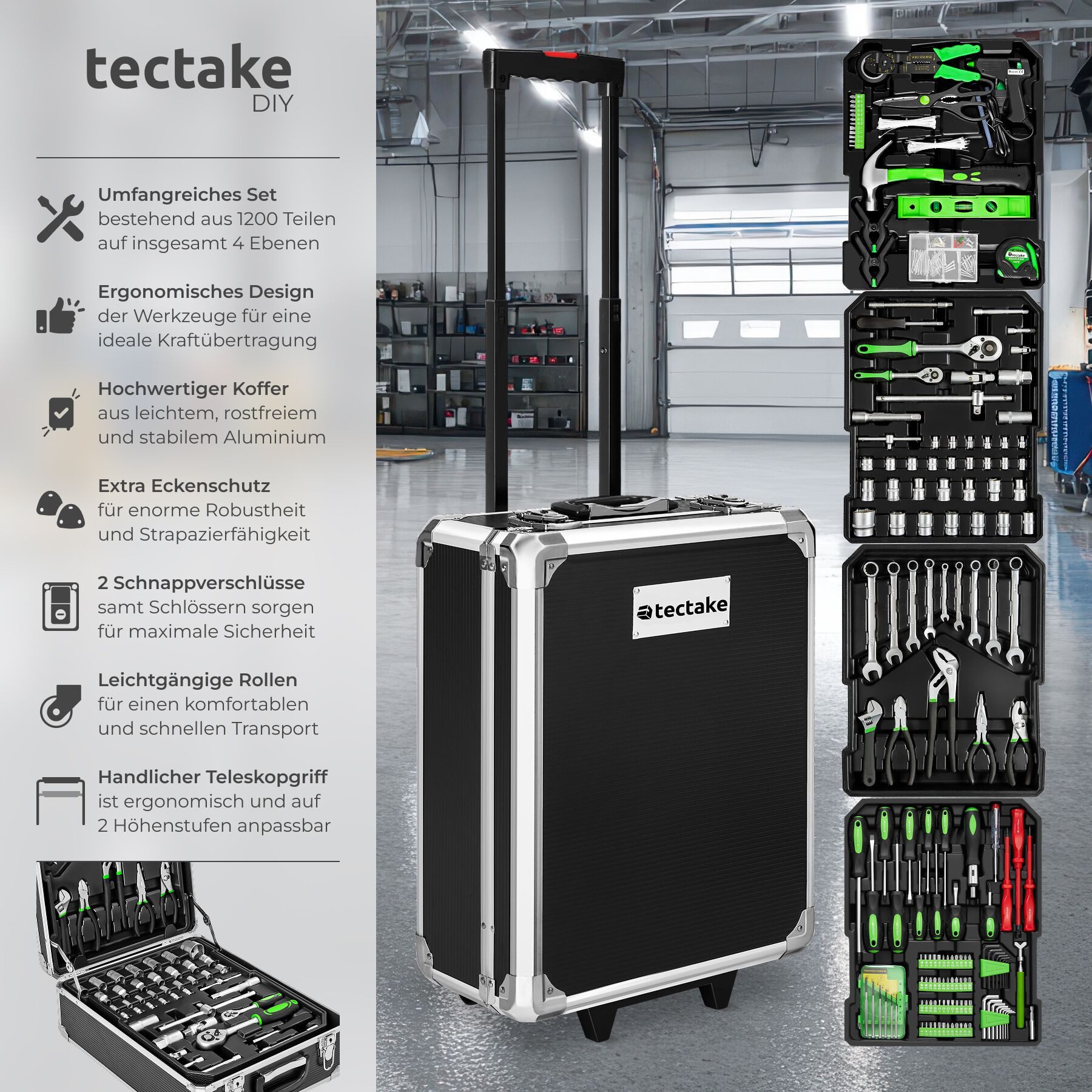 tectake Werkzeugtrolley Werkzeugkoffer alu mit 1200 Teilen und 4 Ebenen (leerer Aluminium Werkzeugkoffer, in schwarz), übersichtliche Anordnung auf 4 Ebenen, verstärkte Ecken