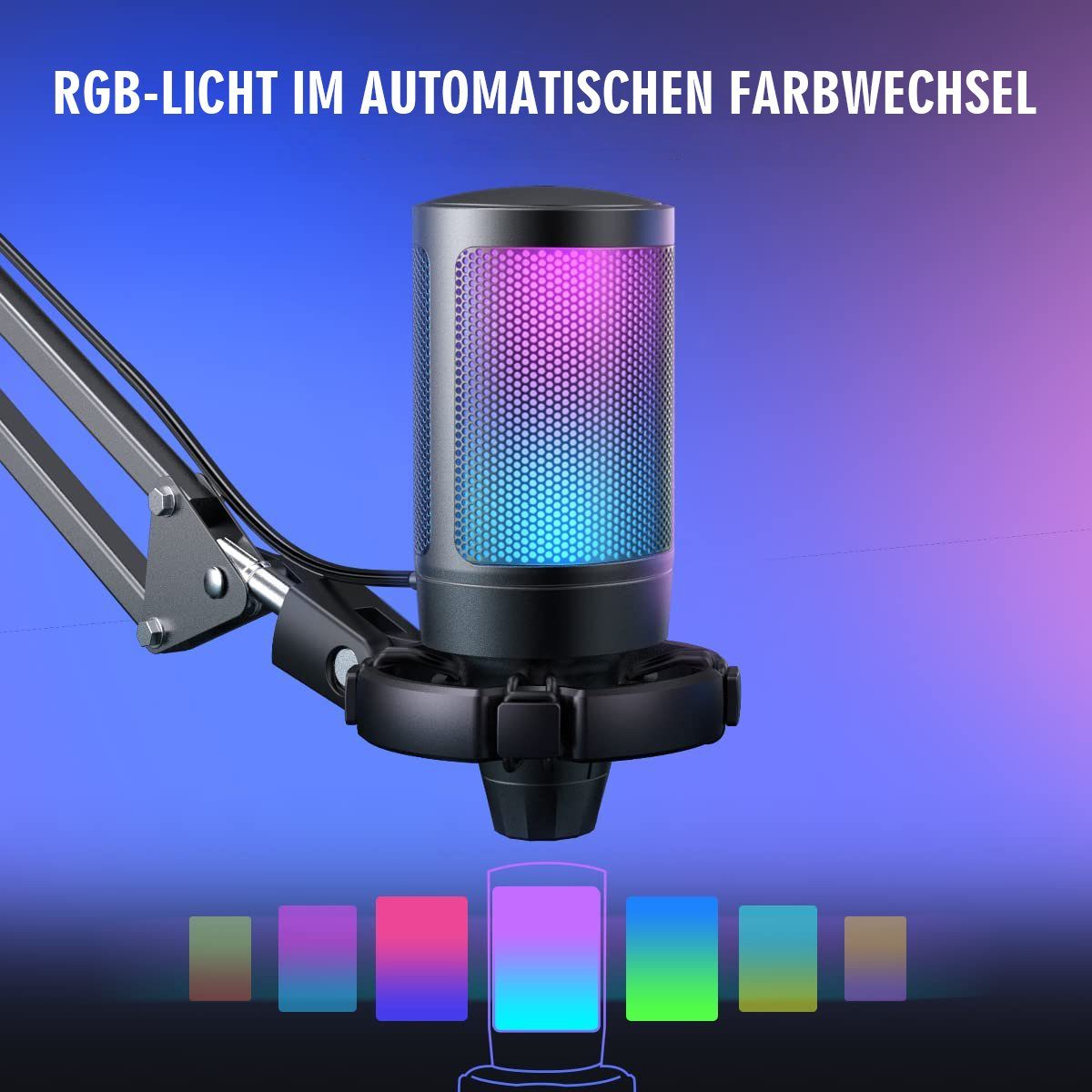 FIFINE Mikrofon USB Mikrofon Streaming mit Arm Kondensator Mikrofon Set PC Gaming RGB, Stummschalttaste, Popfilter und Stoßdämpferhalterung, Schwarz – Bild 2 von 5