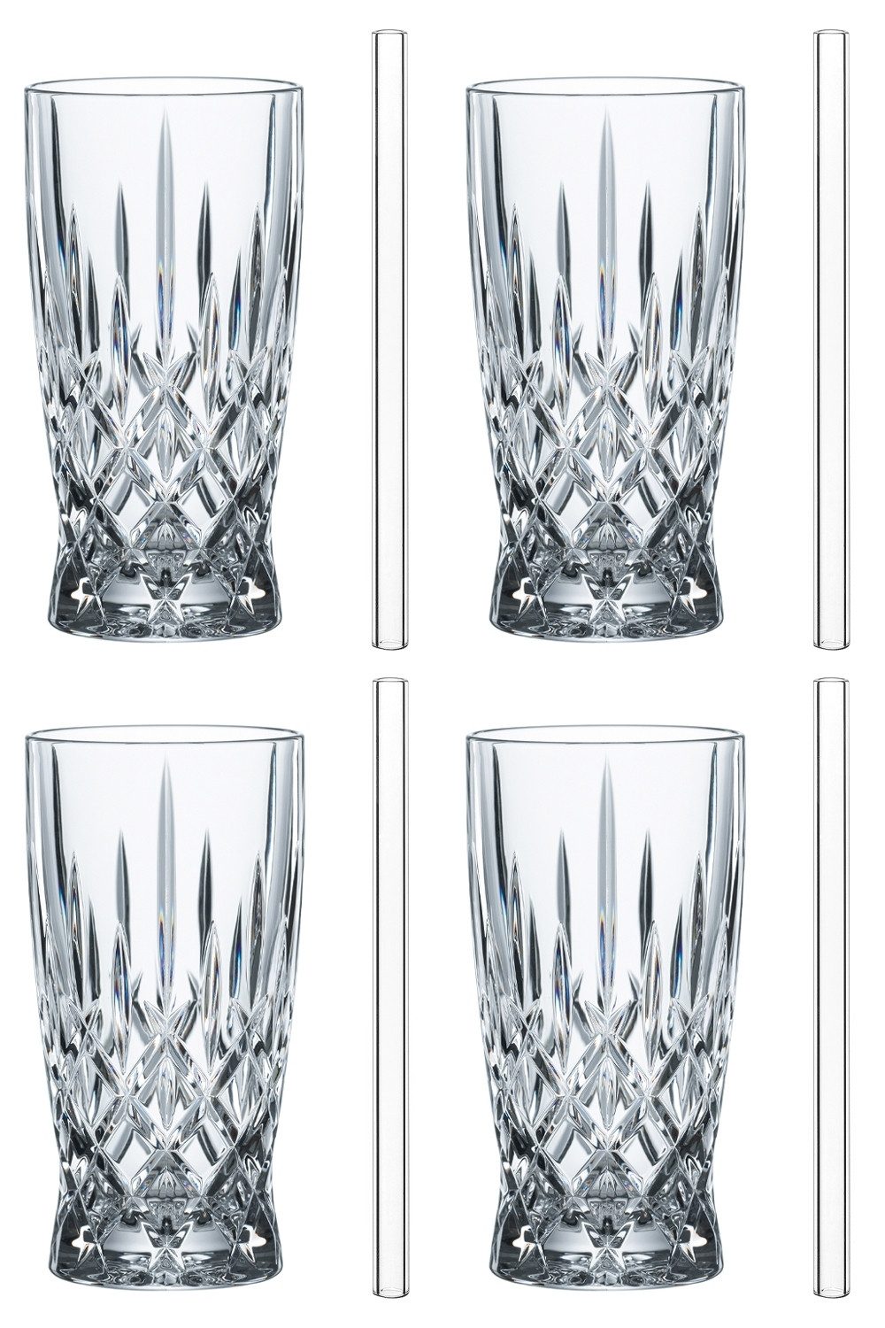 Nachtmann Latte-Macchiato-Glas NOBLESSE, 9-teilig, Transparent, mit Schliff, Kristallglas, mit 4 Gläsern, 4 Trinkhalmen und 1 Reinigungsbürste