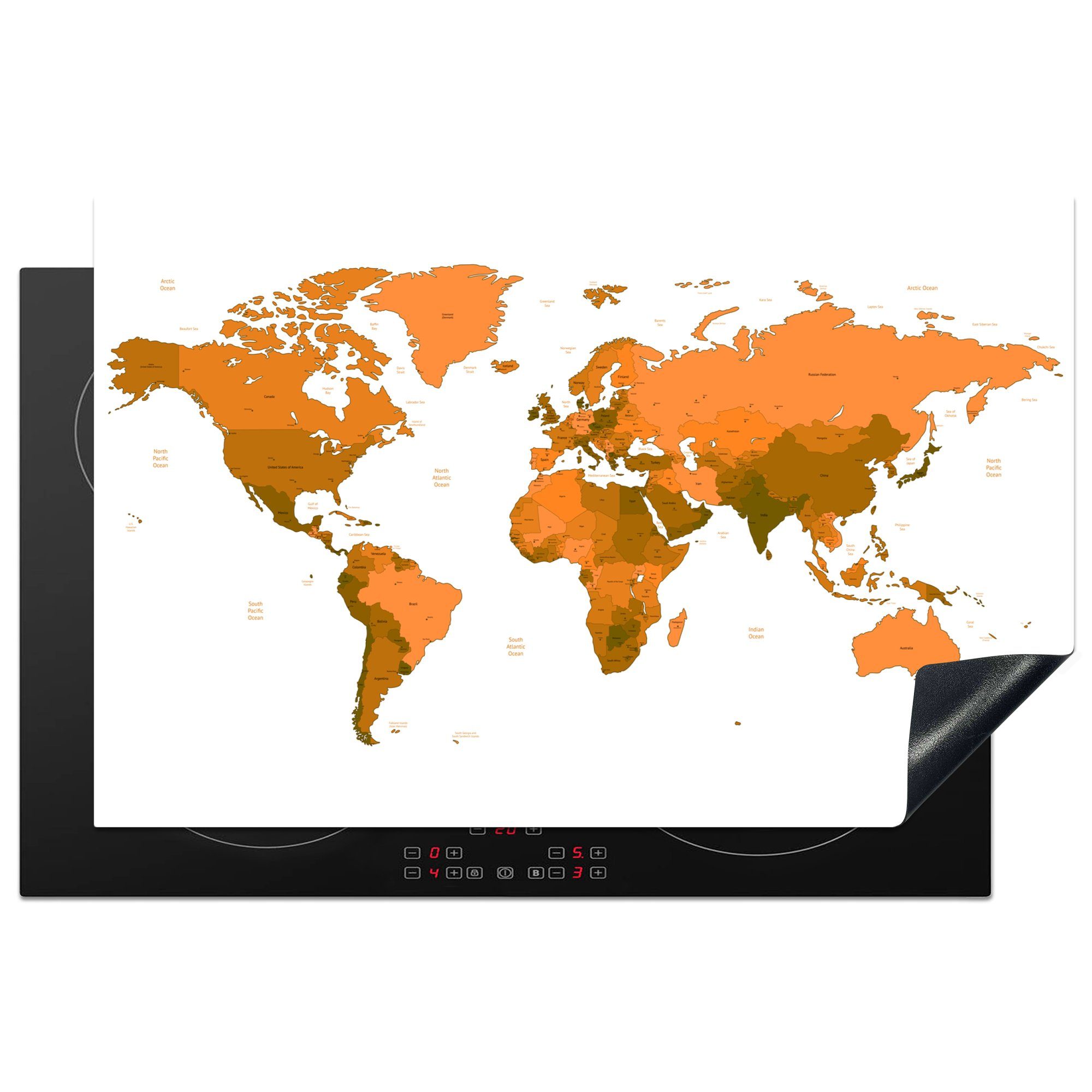 MuchoWow Herdblende-/Abdeckplatte Weltkarte die 81x52 Induktionskochfeld küche, cm, Schutz tlg), (1 Ceranfeldabdeckung Vinyl, Orange für - - Einfach