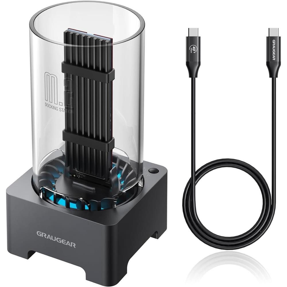 GRAUGEAR Festplatten-Dockingstation USB 4.0 Dockingstation für M.2, PCIe, Gen4x4, NVMe, SSD, Dockingbasis mit Kühllüfter, schwarz