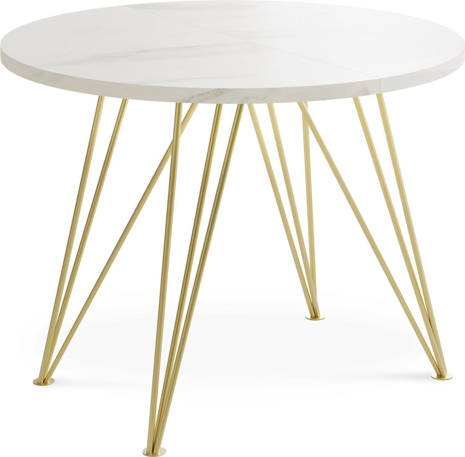 WFL GROUP Esstisch Castel, Glamour Stil Ausziehbarer Esstisch mit Goldenen Beinen Weiß Marmoroptik