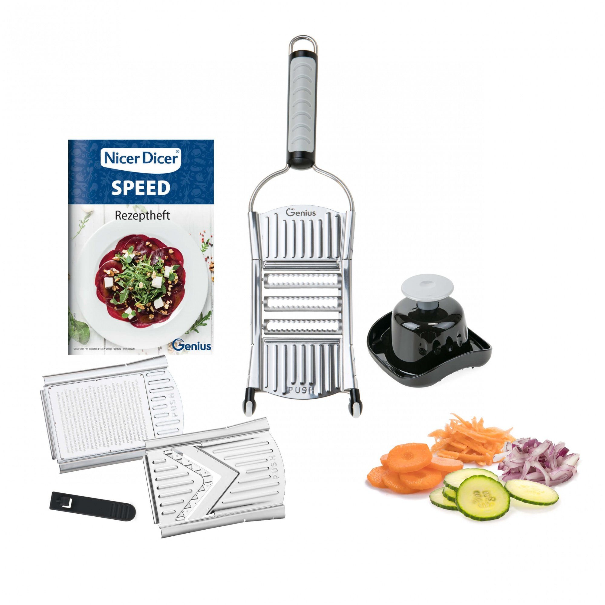 Genius Gemüseschneider Multi Zerkleiner Nicer Dicer Speed, Set 7-tlg., grau-schwarz, Gemüsehobel Mandoline für Tomaten Gurken mit Rezept