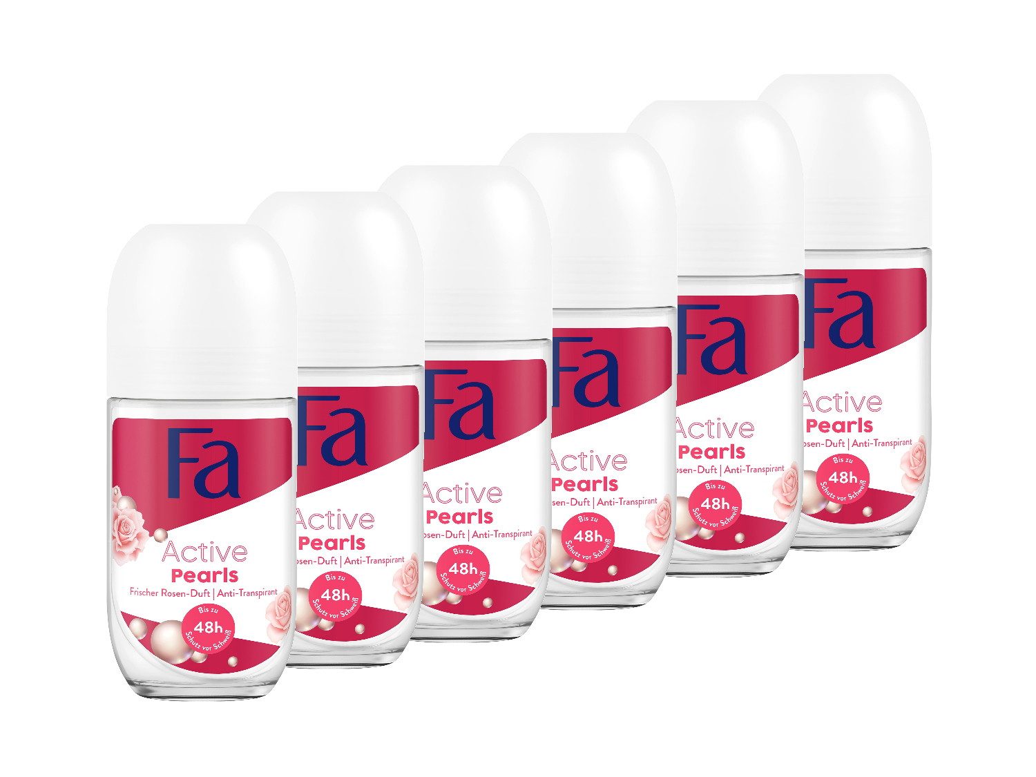 FA Deo-Roller Deo Roll-on Active Pearls, 6x 50 ml, Vorratspack, 6-tlg., bis zu 48h Schutz vor Schweiß und Körpergeruch