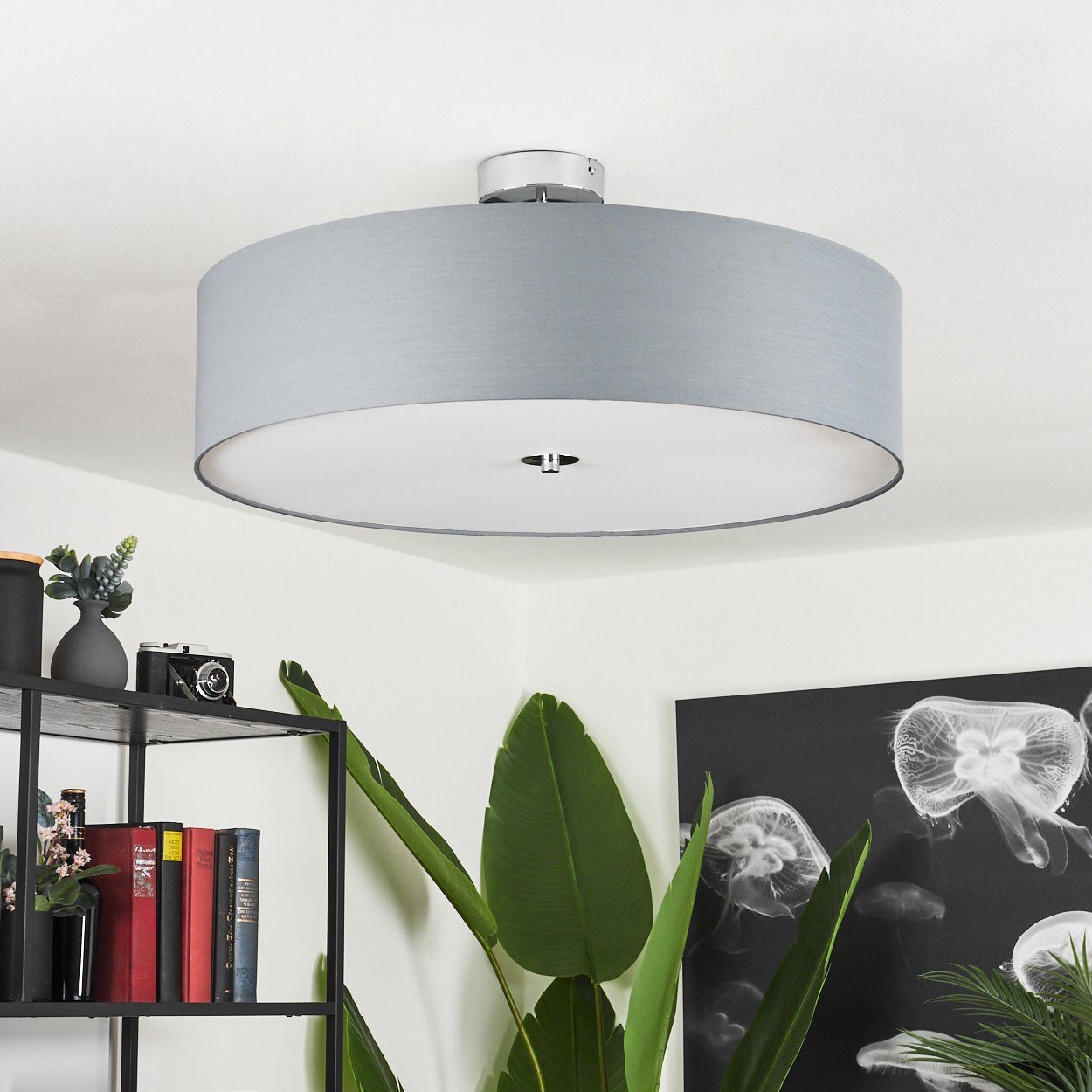 Leuchtmittel, mit im Chrofmarben/Grau/Weiß, Schirm aus Stoff Deckenleuchte Deckenlampe 3xE27 Leuchte »Mels« aus in skandinavischen (60cm), Design hofstein Metall/Stoff moderne ohne