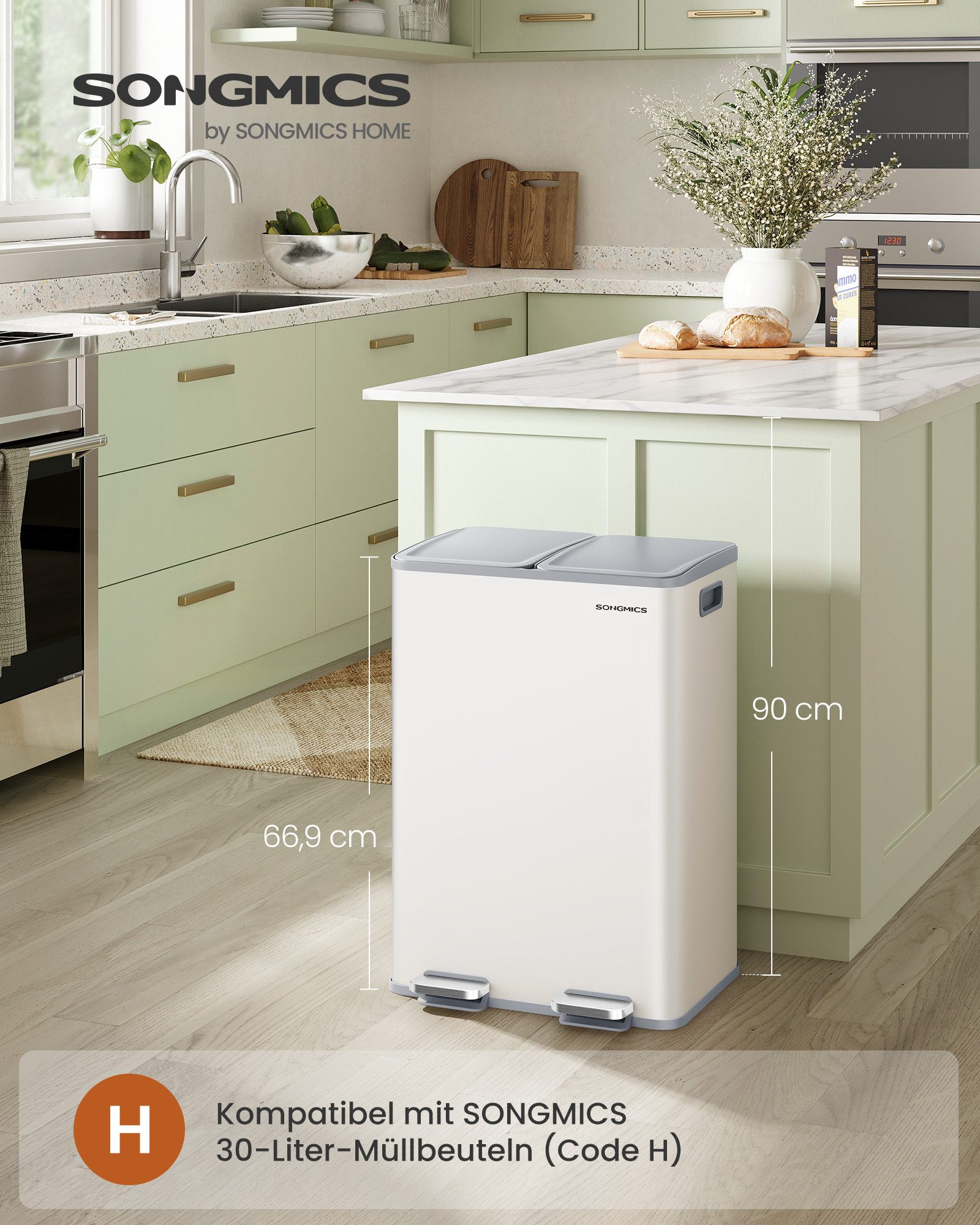 SONGMICS Mülleimer Mülltrennsystem, Mülleimer Küche, 2 x 30 Liter, 2 Fächer, Abfalleimer, Softclose