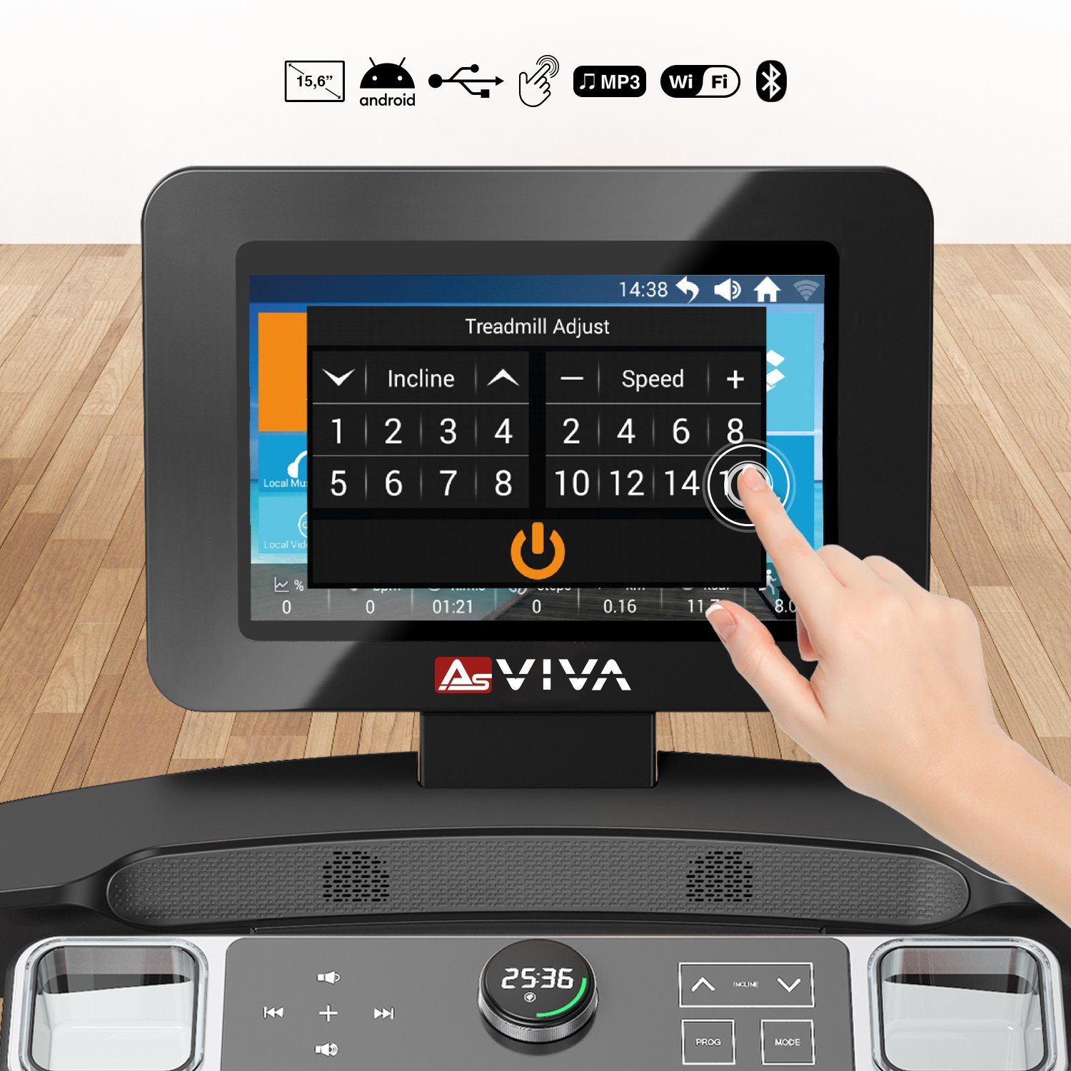 Polar, Konsole AsVIVA Touchscreen, Bluetooth Lautsprecher Laufband T18 Android Touch Pro - System, Inklusive 15,6" AsVIVA