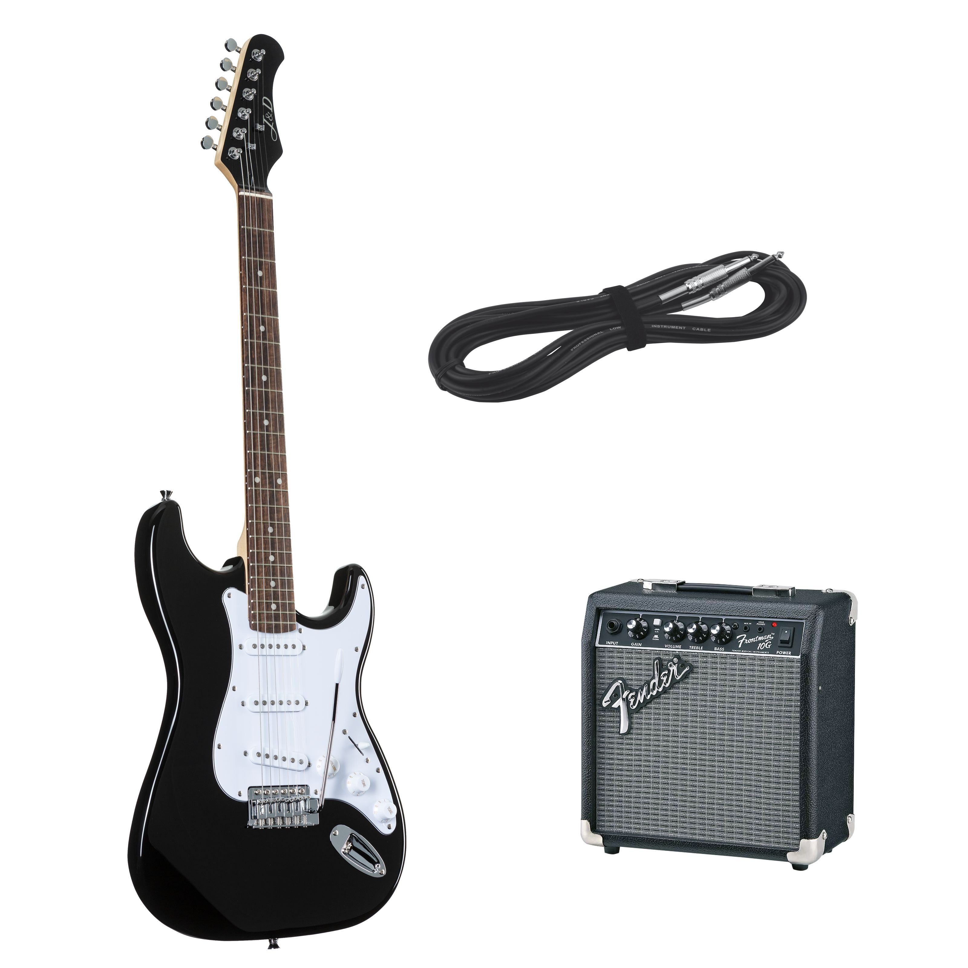 J & D E-Gitarre, E-Gitarren, E-Gitarren-Sets, ST II BK Black + Frontman 10 - E-Gitarren Anfänger Set