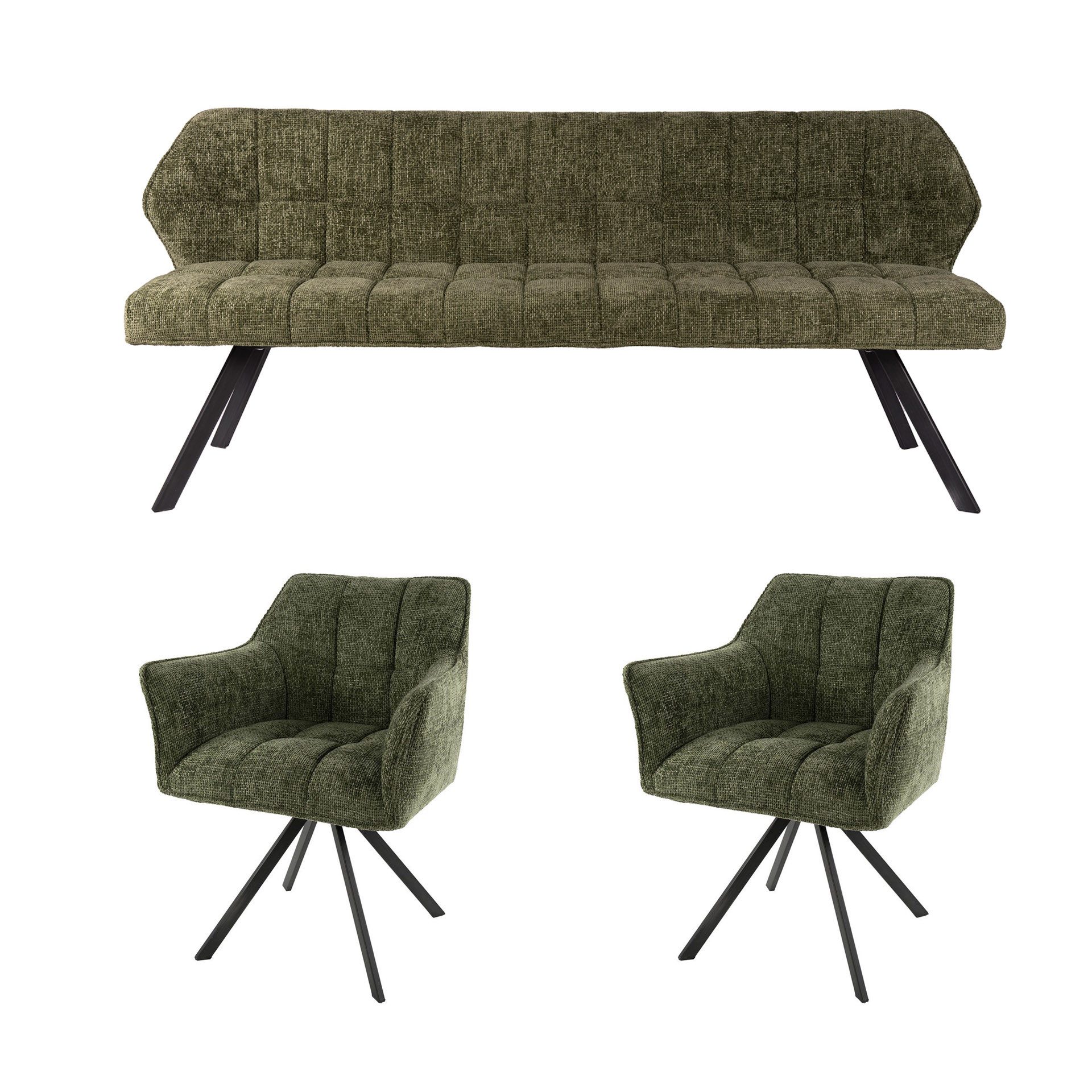 Maison ESTO Essgruppe Esstischgruppe gepolstert Küchbank + 2 Armlehnstühle drehbar grün, (1 Bank 180 cm und 2 Amlehnstühle)