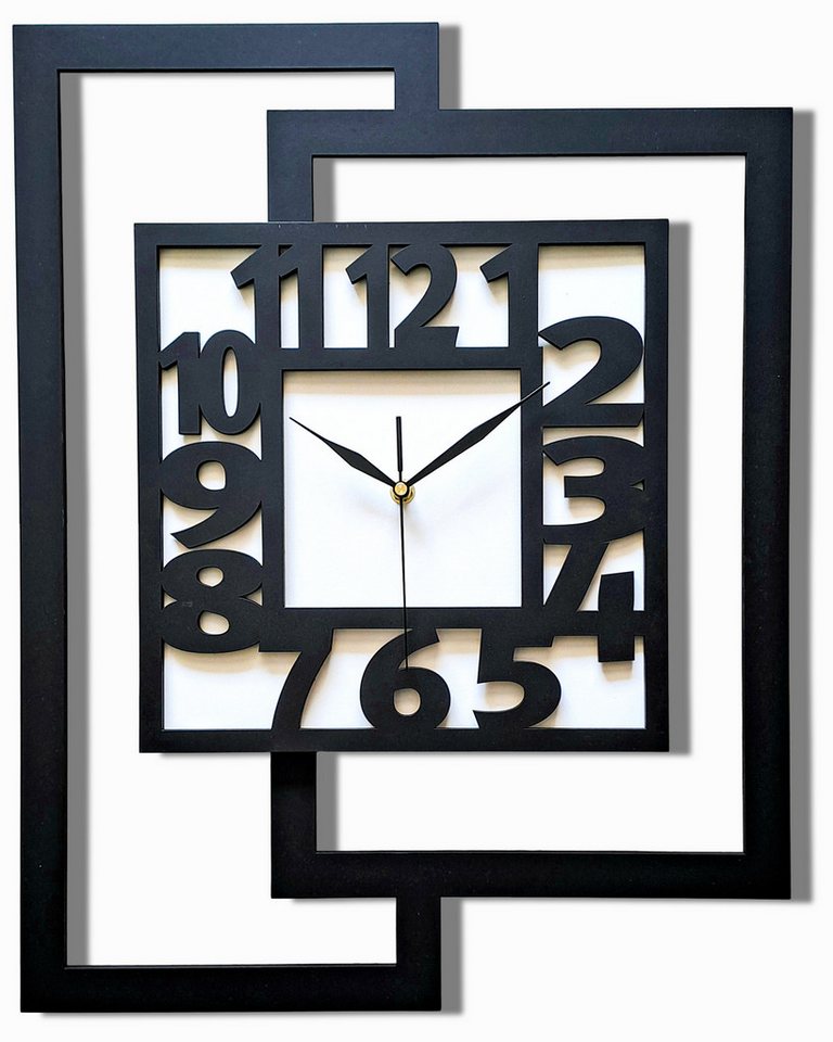 ORNAMENTI Wanduhr Große handgefertigte,moderne aus Holz, Hingucker,44 x 56 cm (Rechteckig vertikal, ohne Tickgeräusche für Wohnzimmer lesbare Ziffern)