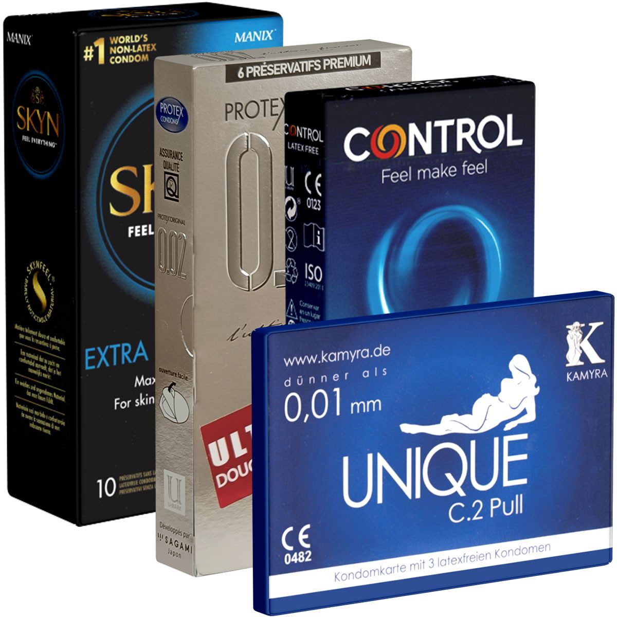 Kondomotheke Kondome Probierset: Latexfreie Kondome 4 Packungen im Mix, insgesamt, 24 St., Kondome Testpack, verschiedene Sorten für Allergiker, hypoallergen & ohne Latex