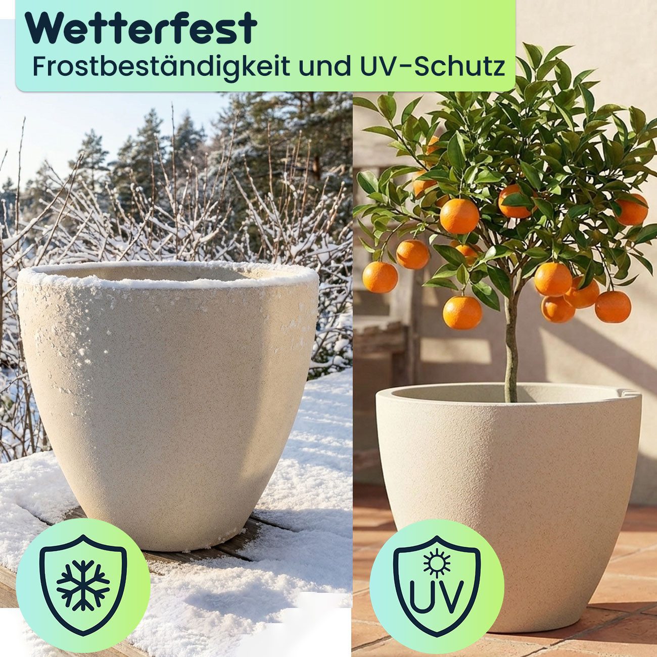 Prosperplast Pflanzkübel Ethick Moderner Pflanzkübel rund Ø58cm Sand 86L Blumentopf frostsicher (2 St., 1er-Set & 2er-Set & 3er-Set), 58,0 x 50,0 cm Kunststoff-Pflanzkübel/UV-Schutz/Wasserauslass