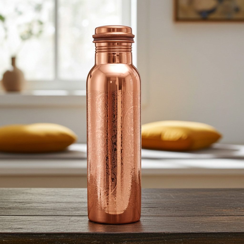 Yogishop Trinkflasche Kupferflasche glowy vintage, 0,9 l, Edle Wasserflasche aus Kupfer.