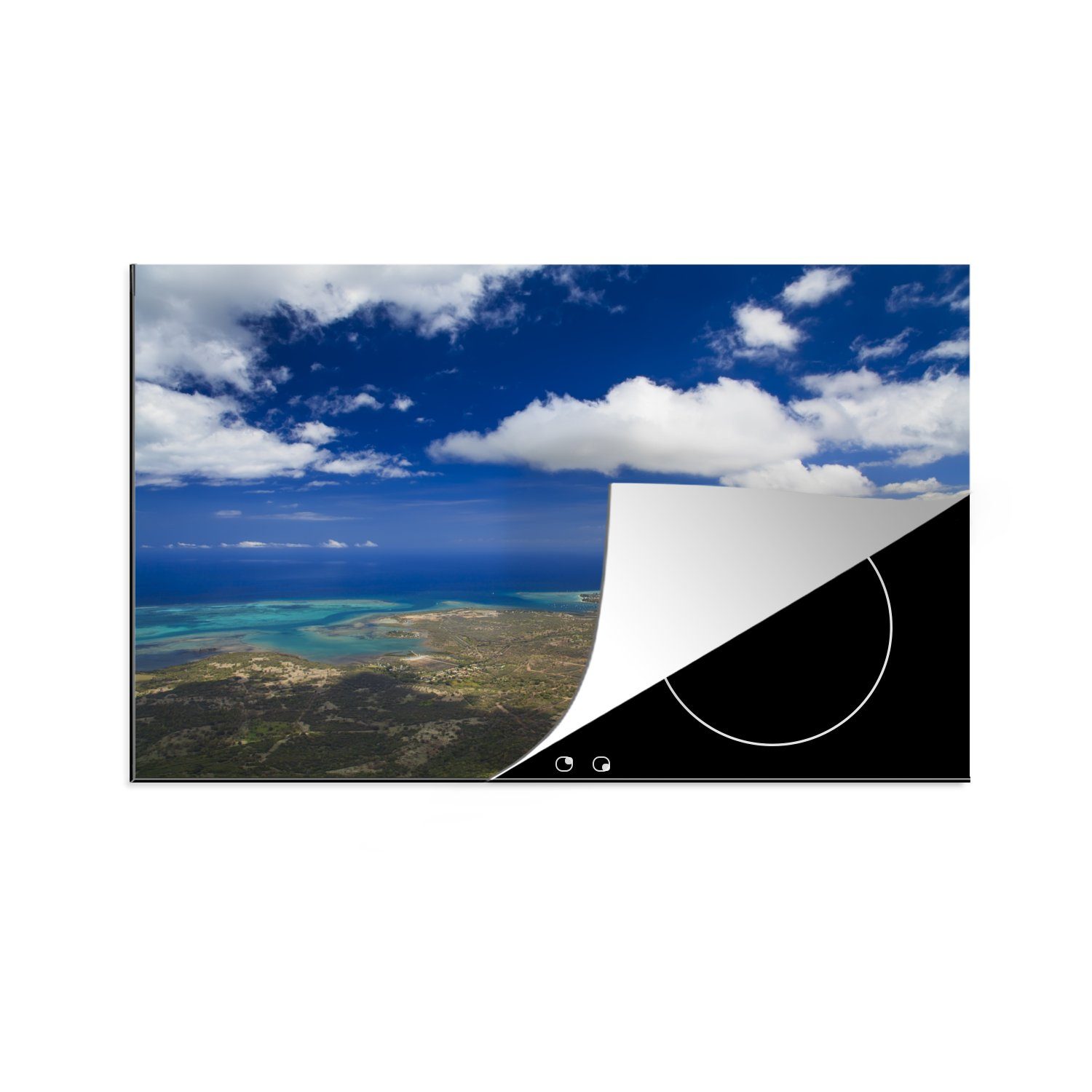81x52 Blick tlg), Insel für Ein küche, Bay, Vinyl, Luftbild (1 die Ceranfeldabdeckung Mauritius mit der Blue Schutz Herdblende-/Abdeckplatte Induktionskochfeld MuchoWow auf cm, die