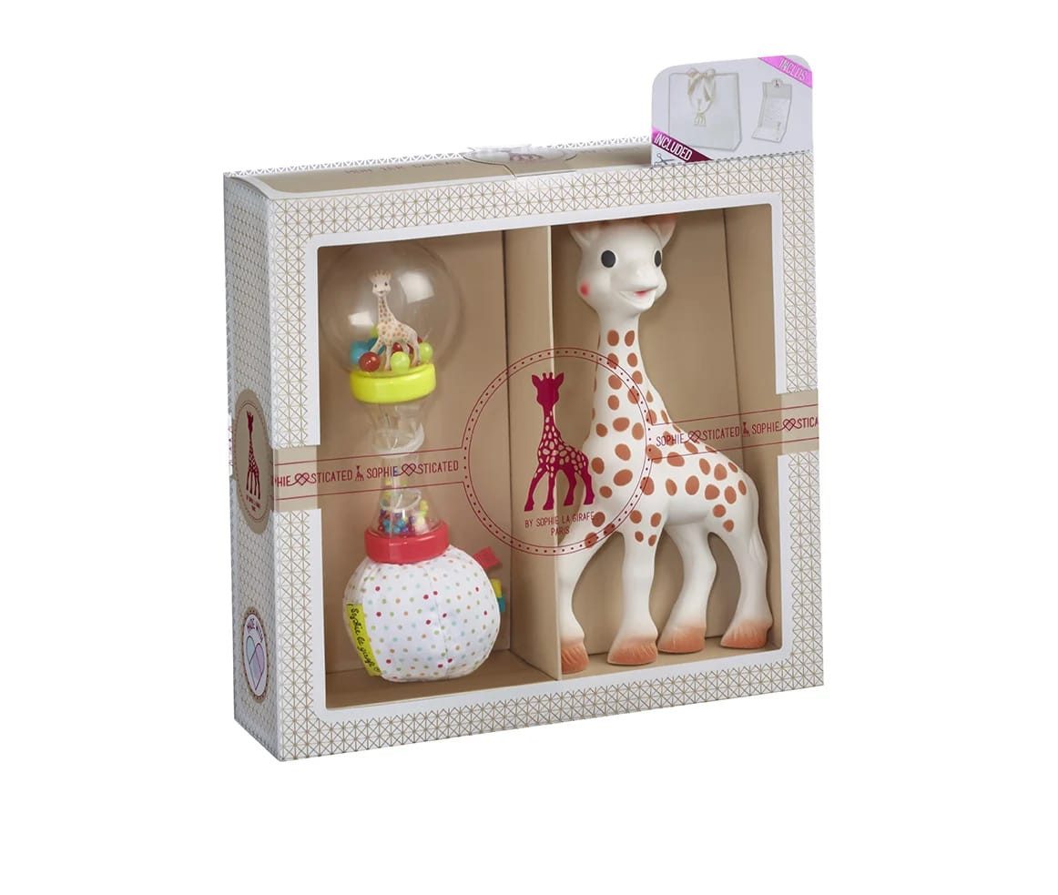 SOPHIE LA GIRAFE Neugeborenen-Geschenkset Sophie la girafe Beißring, Ringrassel - Sophiesticated Willkommensgruß - Set Nr. 4 / 1 mit 1 Soft Maracas-Rassel