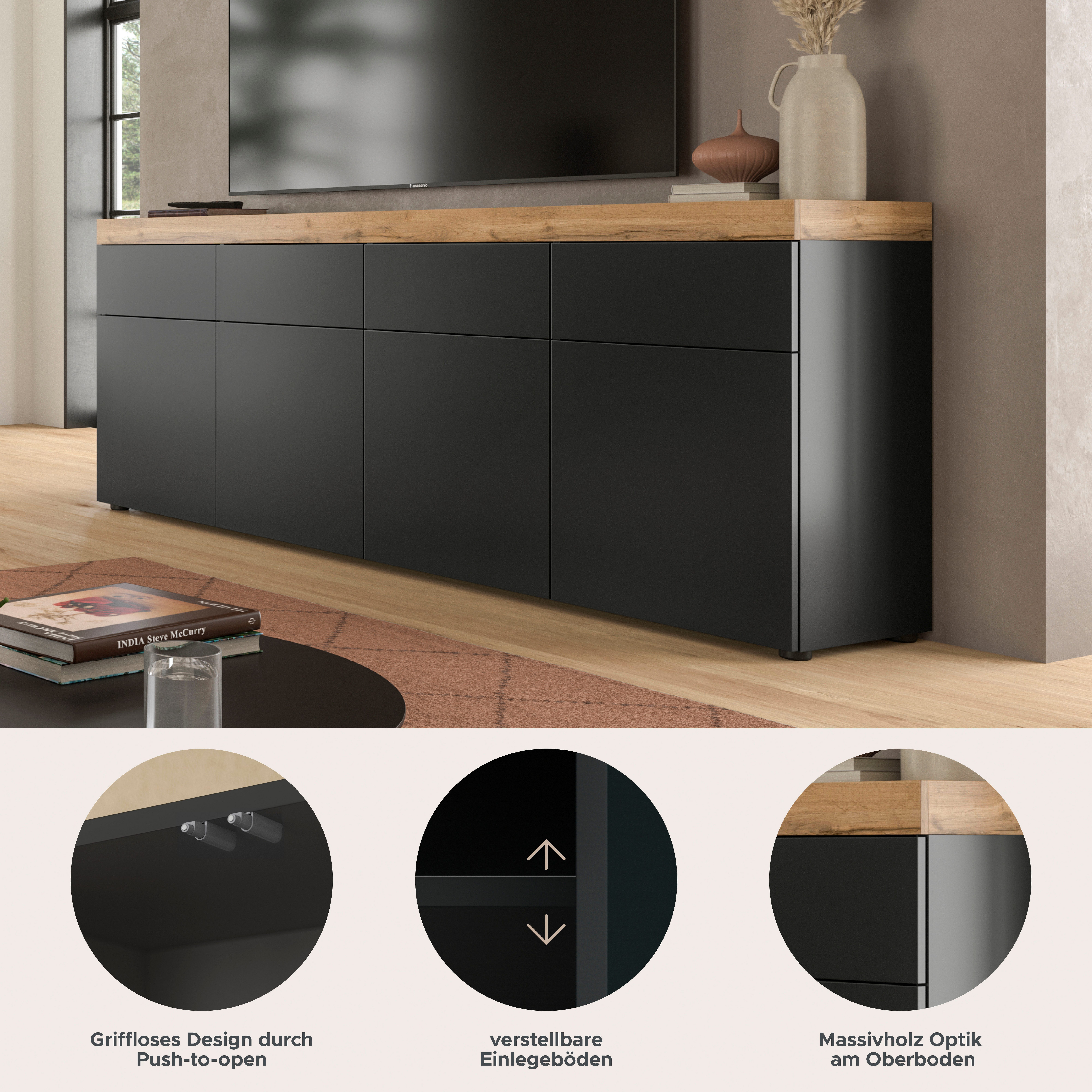 OTTO home Sideboard MAMBO, TOPSELLER!, Breite 200cm, 4 Türen, 4 Schubkästen, push-2-open (1 St., 2 farbige Ausführung, in verschiedenen Farben erhältlich), Kommode, Anrichte, Wohnzimmer, Schlafzimmer