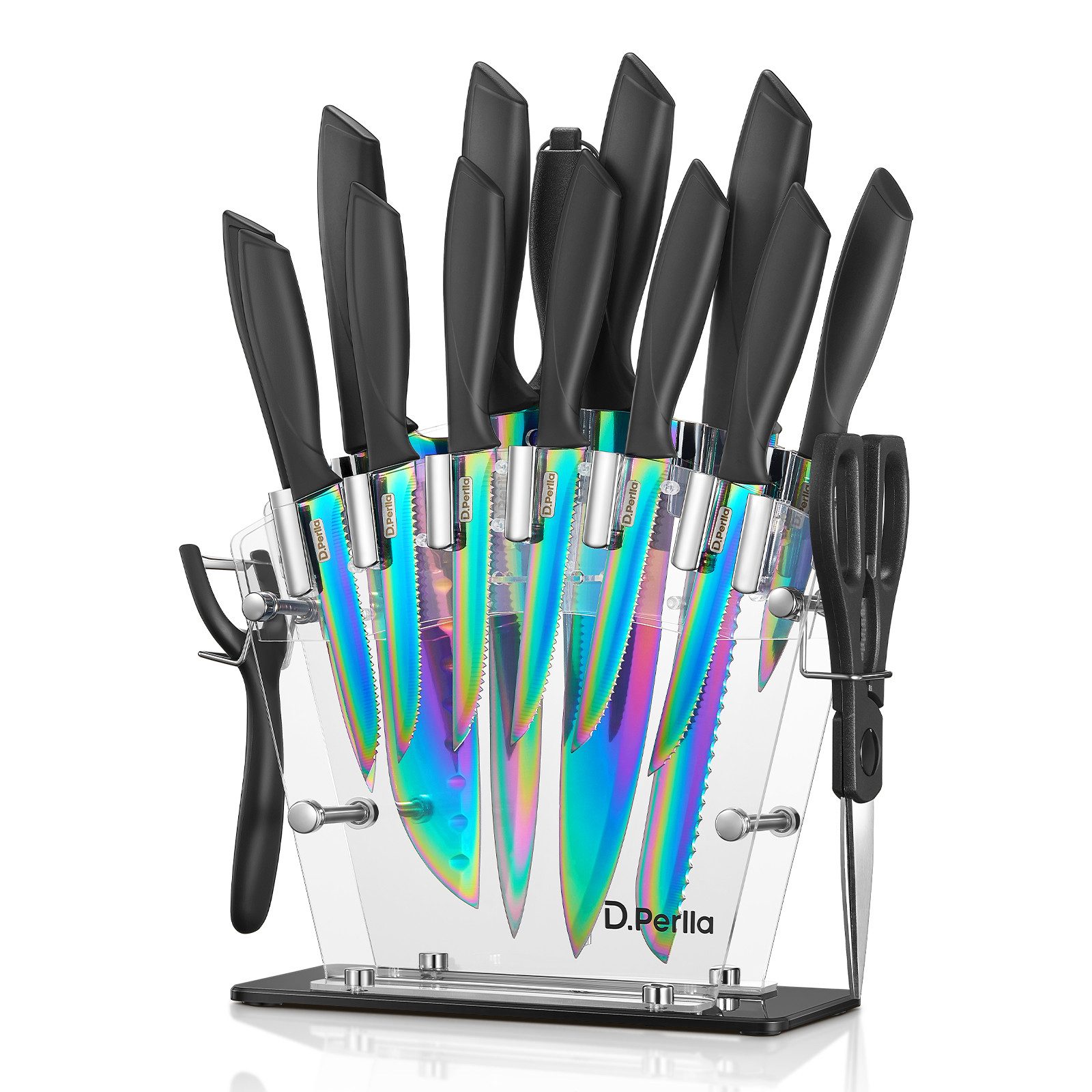 D.Perlla Messer-Set 16-teiliges Küchenmesserset aus Edelstahl, mit Messerblock (Set, 16-tlg), hoher Kohlenstoffgehalt, weiche Griff