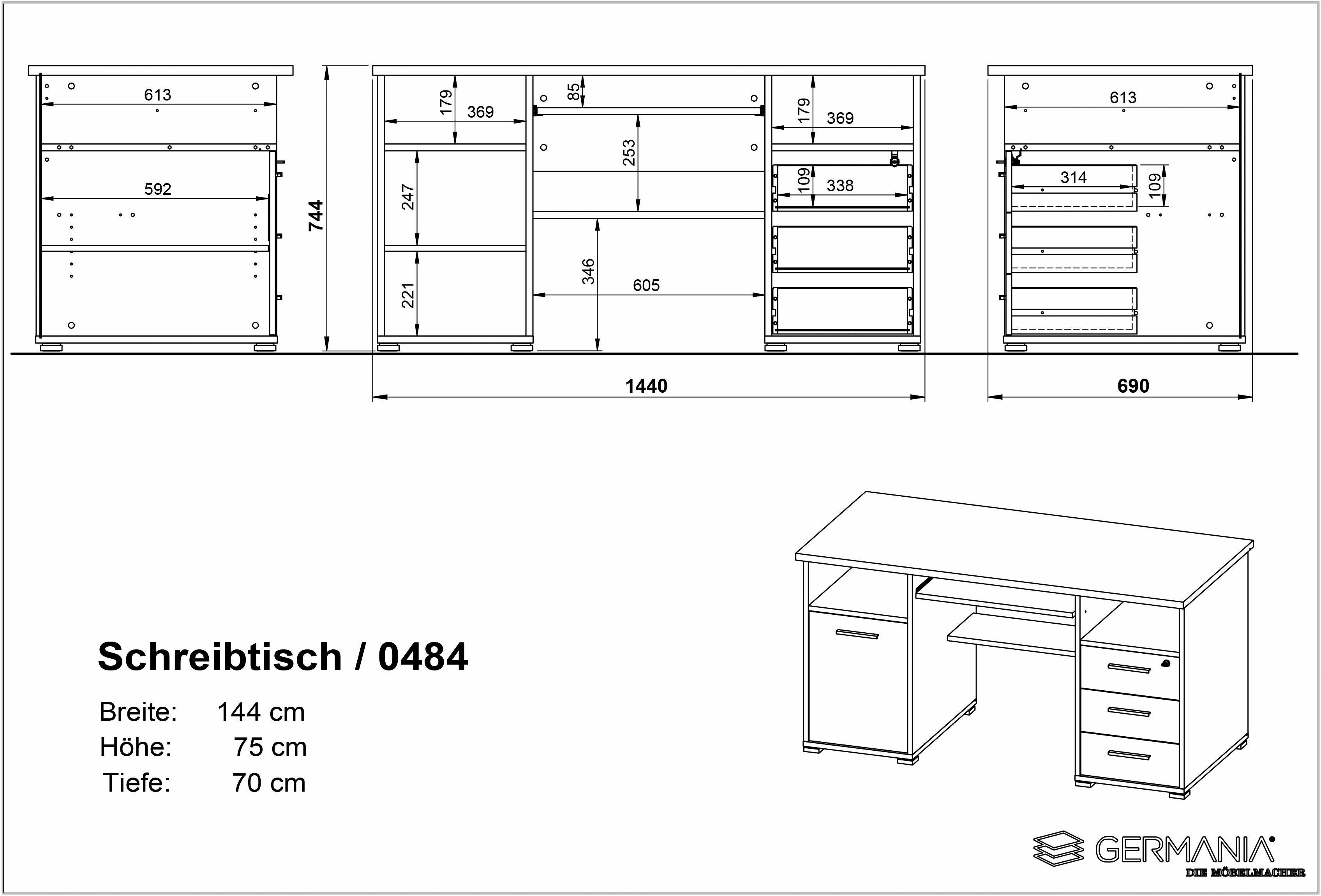 in Tastaturauszug Schreibtisch mit (Made cm 0484 & Schubkasten, abschließbarem Computertisch GERMANIA anthrazit B.145 Germany),