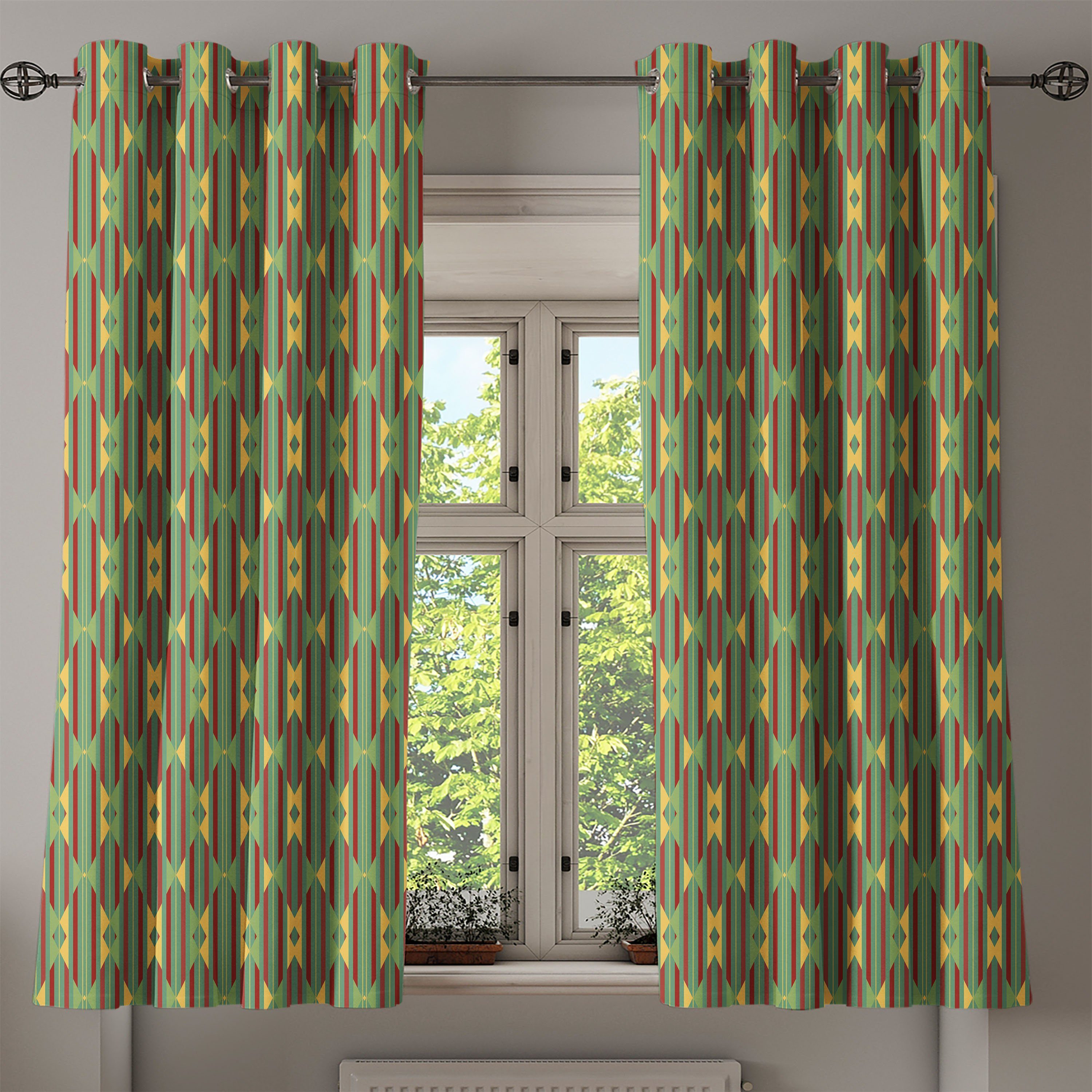 Gardine für Kente Muster Retro 2-Panel-Fenstervorhänge Abakuhaus, Schlafzimmer Wohnzimmer, Dekorative gestreifte