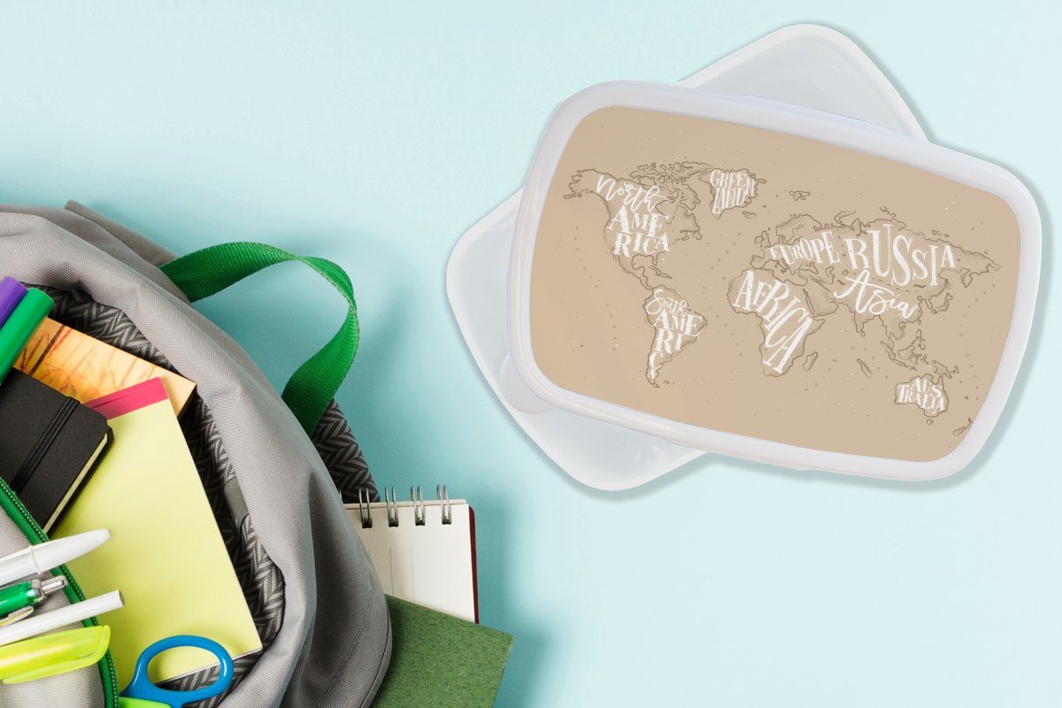 MuchoWow Lunchbox Weltkarte Kunststoff, Mädchen Weiß, (2-tlg), für Kinder Jungs Buchstaben für Erwachsene, - und Brotbox Brotdose, - und