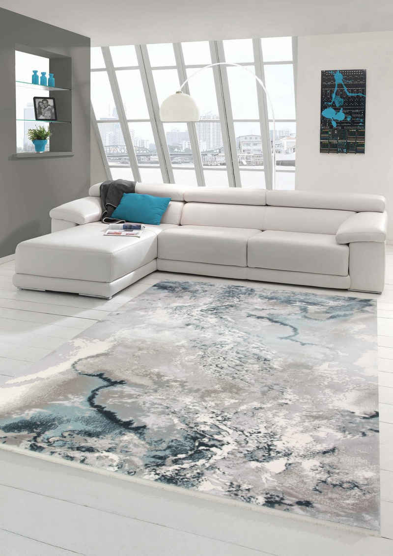 Wollteppich »Wollteppich Marmorteppich Moderner Teppich Abstrakt in Grau Blau Creme«, Teppich-Traum, rechteckig, Höhe 12 mm, Wollteppich